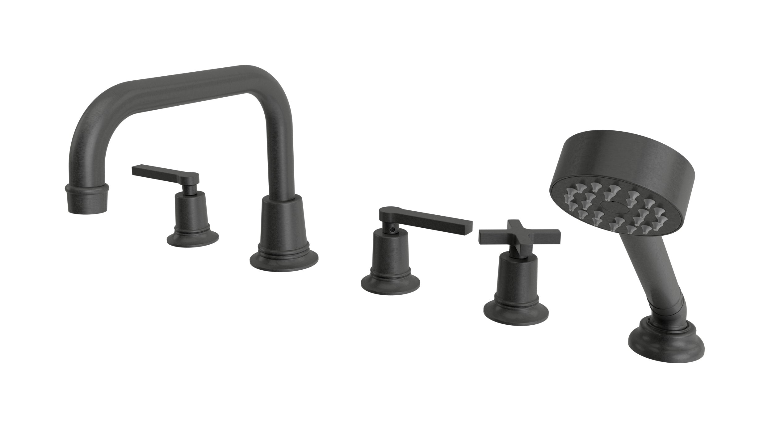Emerson Three Handle Deck Mount Squaretop Bath Trim with Hand Shower and Classic Cross/Classic Lever Handles in Blackened Nickel