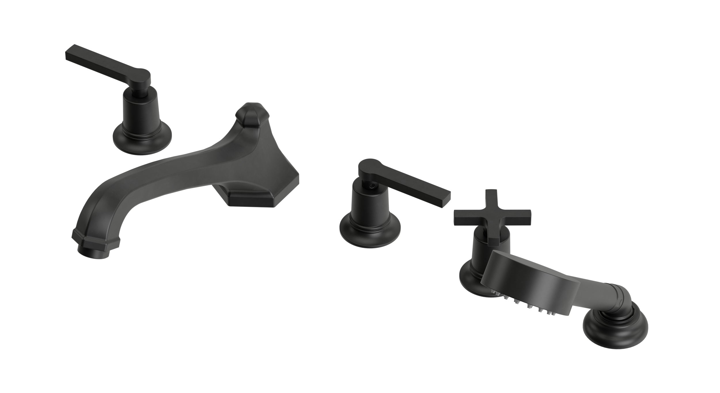 Emerson Three Handle Deck Mount Low Hexagon Bath Trim with Hand Shower and Classic Cross/Classic Lever Handles in Oil Rubbed Bronze