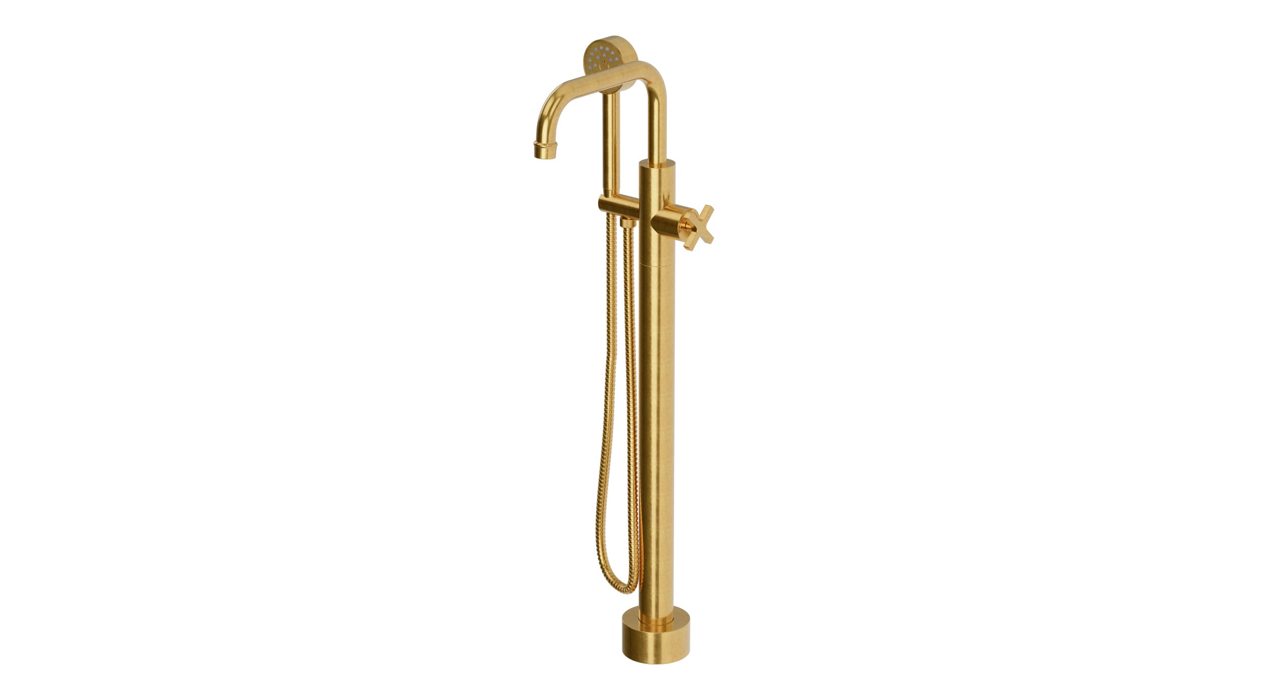 Emerson One Handle Floor Mount Squaretop Bath Trim with Hand Shower and Classic Cross Handle in French Brass