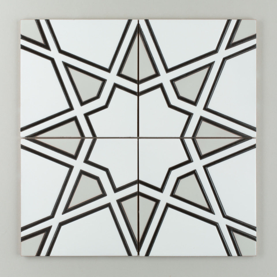 8x8 Handpainted Tile Padma in Black & White Motif