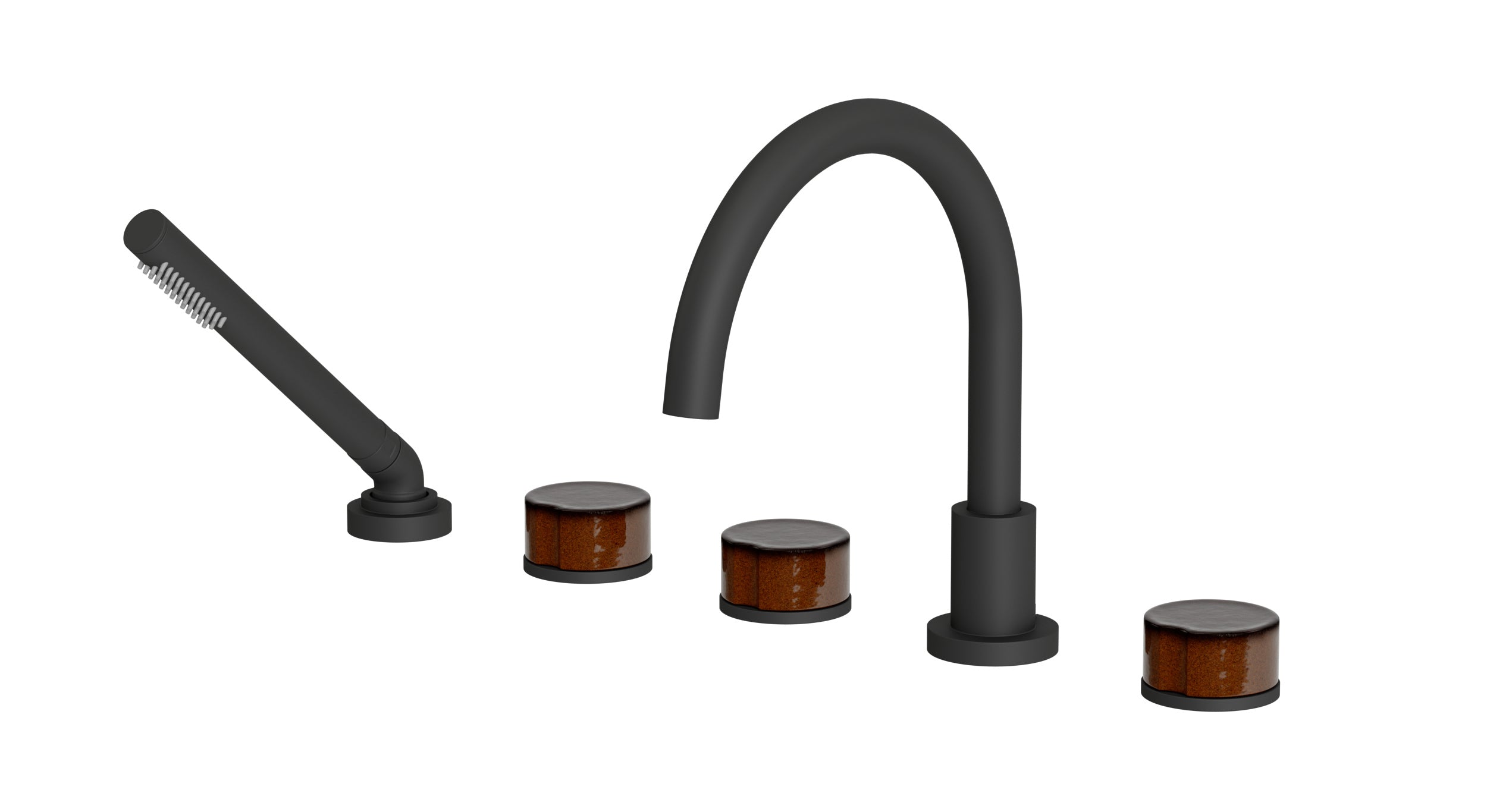 Foundry Three Handle Deck Mount Gooseneck Bath Trim with Hand Shower and Groove Ceramic Knob Handles in Matte Black