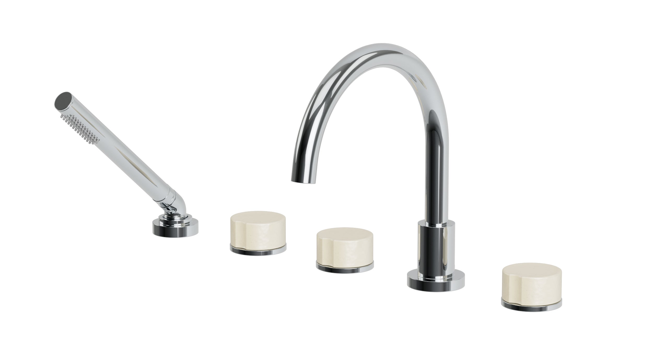 Foundry Three Handle Deck Mount Gooseneck Bath Trim with Hand Shower and Groove Ceramic Knob Handles in Polished Chrome