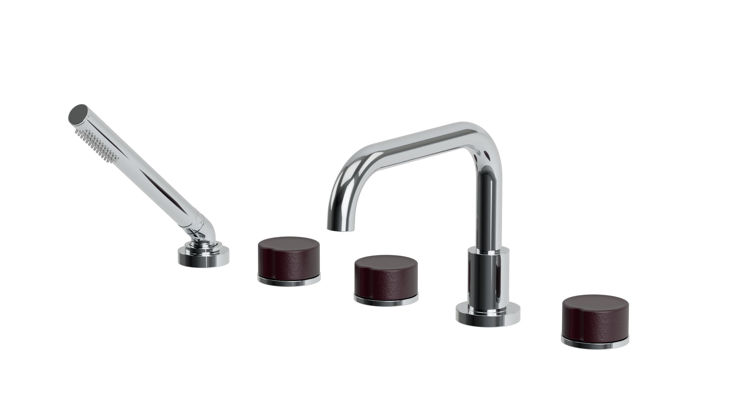 Foundry Three Handle Deck Mount Squaretop Bath Trim with Hand Shower and Groove Ceramic Knob Handles in Polished Chrome