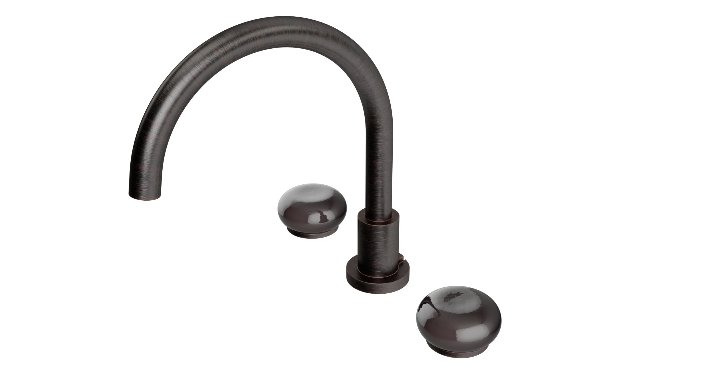 Foundry Two Handle Deck Mount Gooseneck Bath Trim with Pebble Ceramic Knob Handles in Antique Bronze