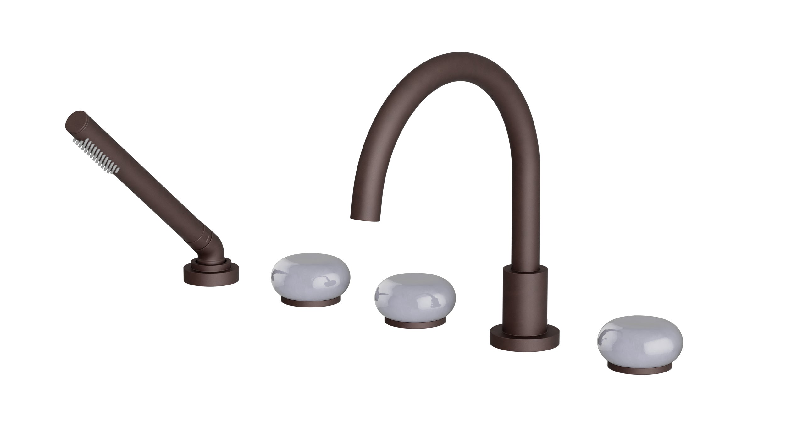 Foundry Three Handle Deck Mount Gooseneck Bath Trim with Hand Shower and Pebble Ceramic Knob Handles in Architectural Copper