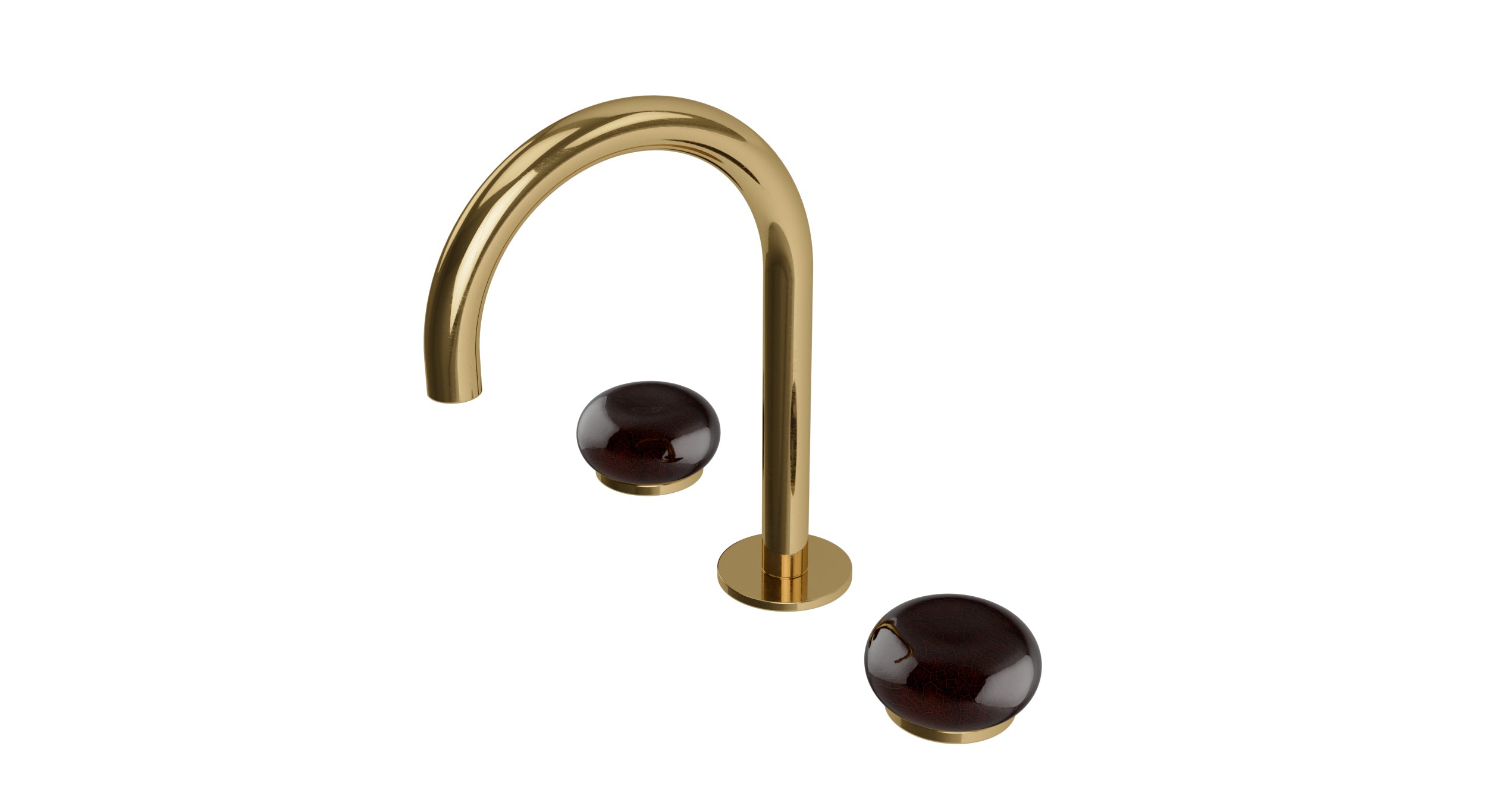 Foundry Two Handle Deck Mount Gooseneck Lavatory Faucet with Pebble Ceramic Knob Handles in Uncoated Polished Brass