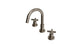 Flatiron Two Handle Deck Mount Short Gooseneck Lavatory Faucet with Linear Cross Handles in Antique Nickel
