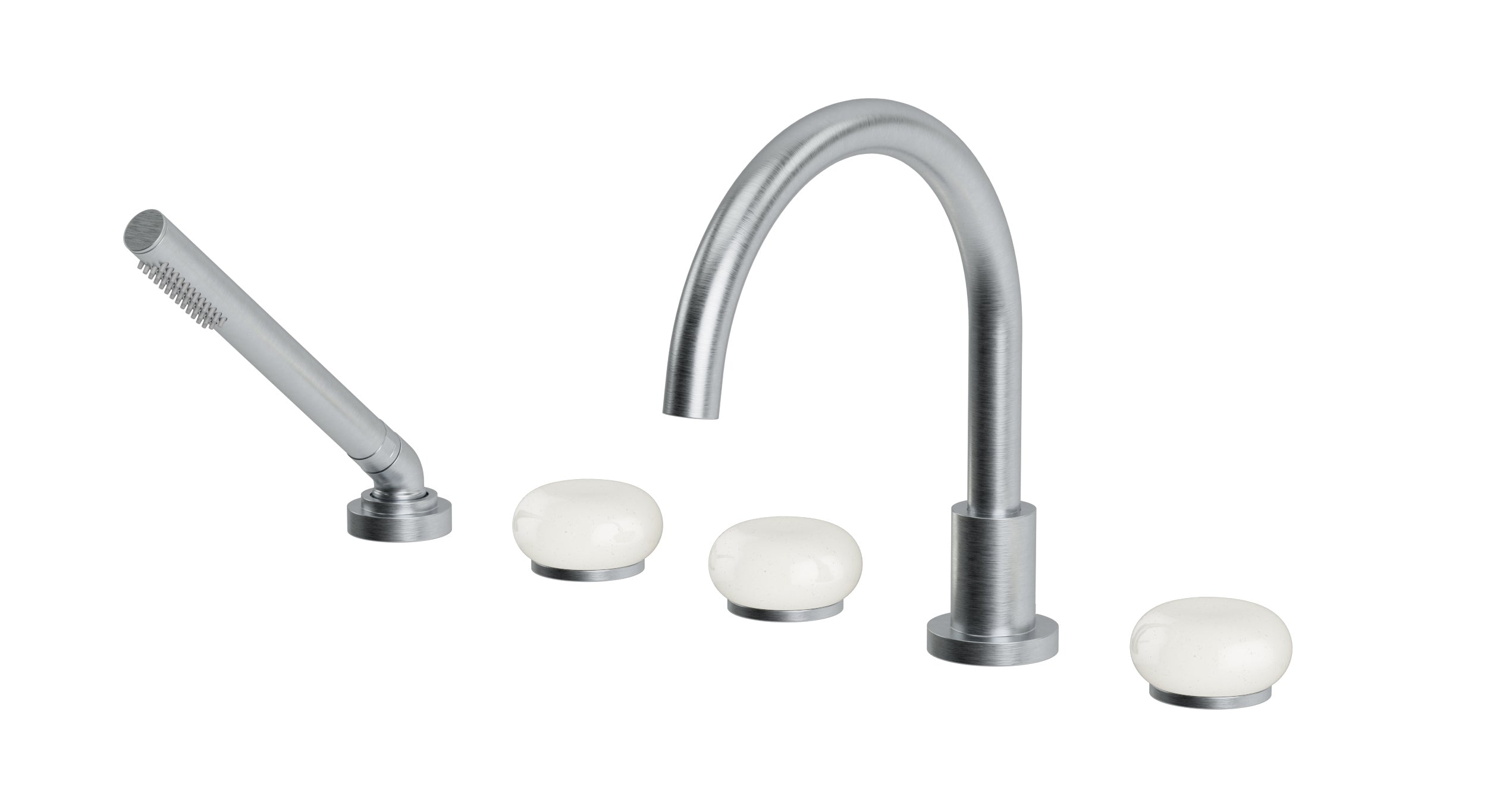 Foundry Three Handle Deck Mount Gooseneck Bath Trim with Hand Shower and Pebble Ceramic Knob Handles in Satin Chrome