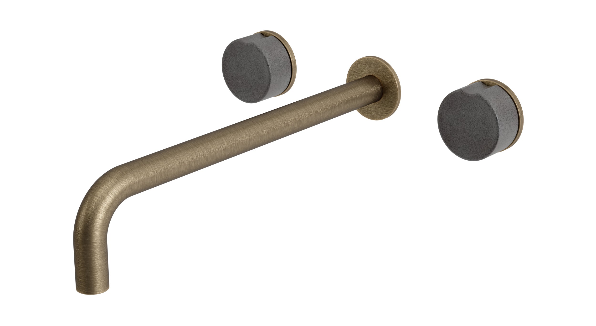 Foundry Two Handle Wall Mount 12" Lavatory Faucet with Groove Ceramic Knob Handles in Antique Brass