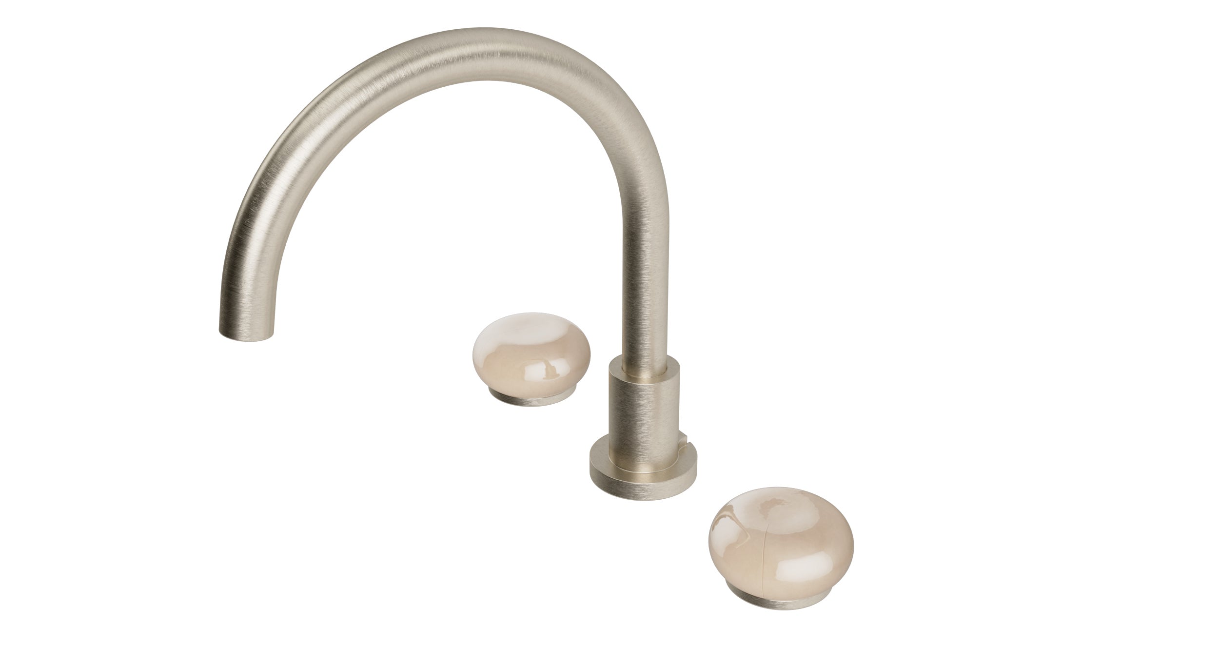 Foundry Two Handle Deck Mount Gooseneck Bath Trim with Pebble Ceramic Knob Handles in Satin Nickel