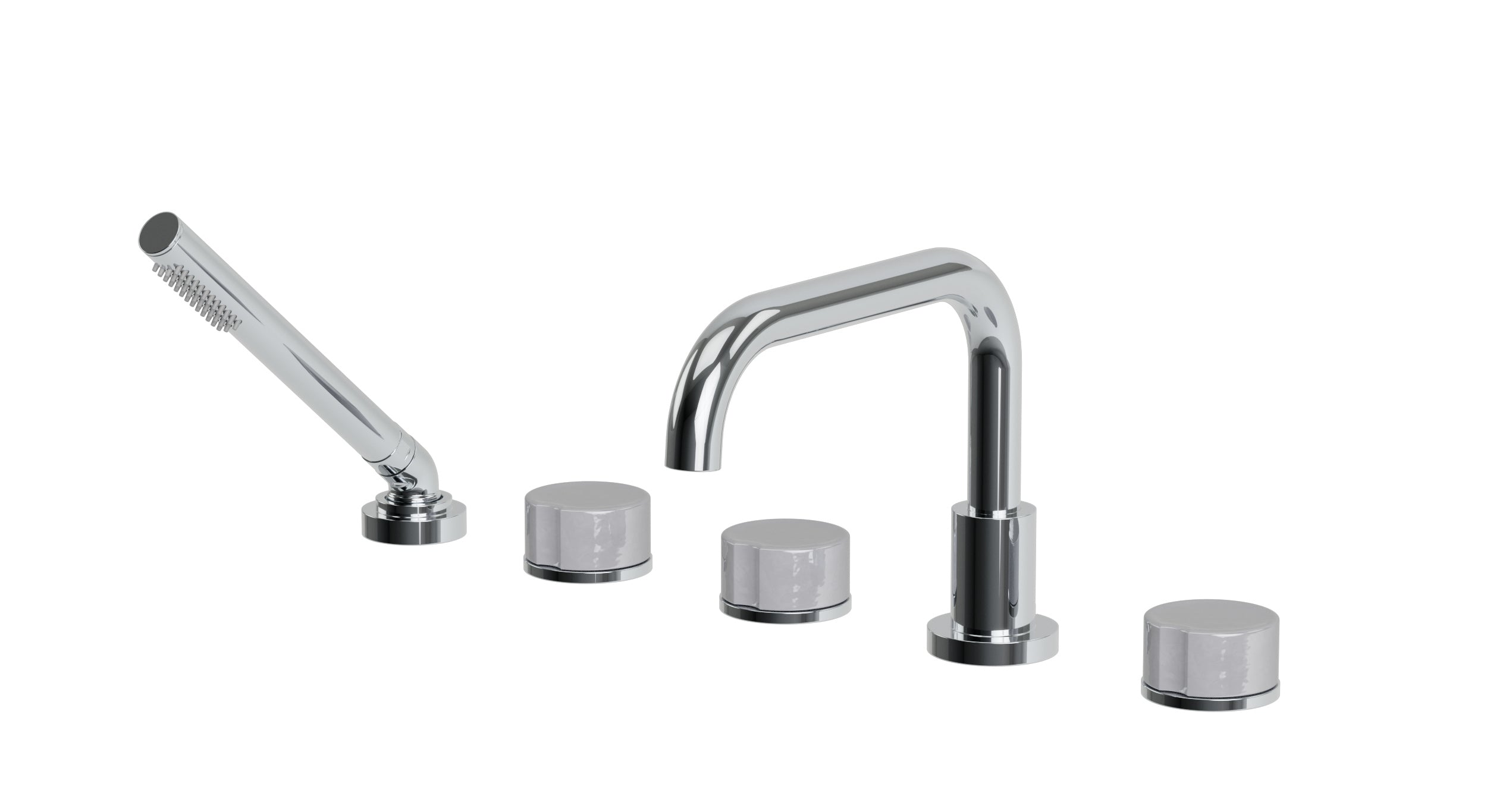 Foundry Three Handle Deck Mount Squaretop Bath Trim with Hand Shower and Groove Ceramic Knob Handles in Polished Chrome