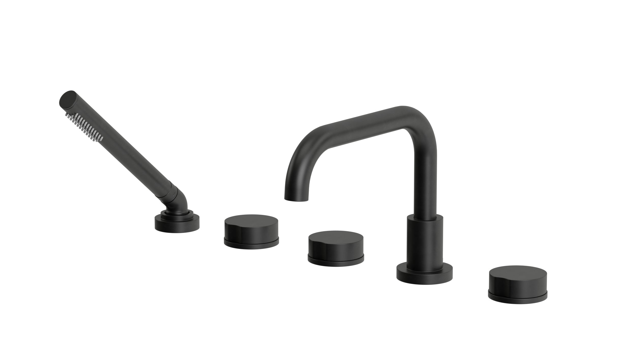 Foundry Three Handle Deck Mount Squaretop Bath Trim with Hand Shower and Circle Knob Handles in Oil Rubbed Bronze