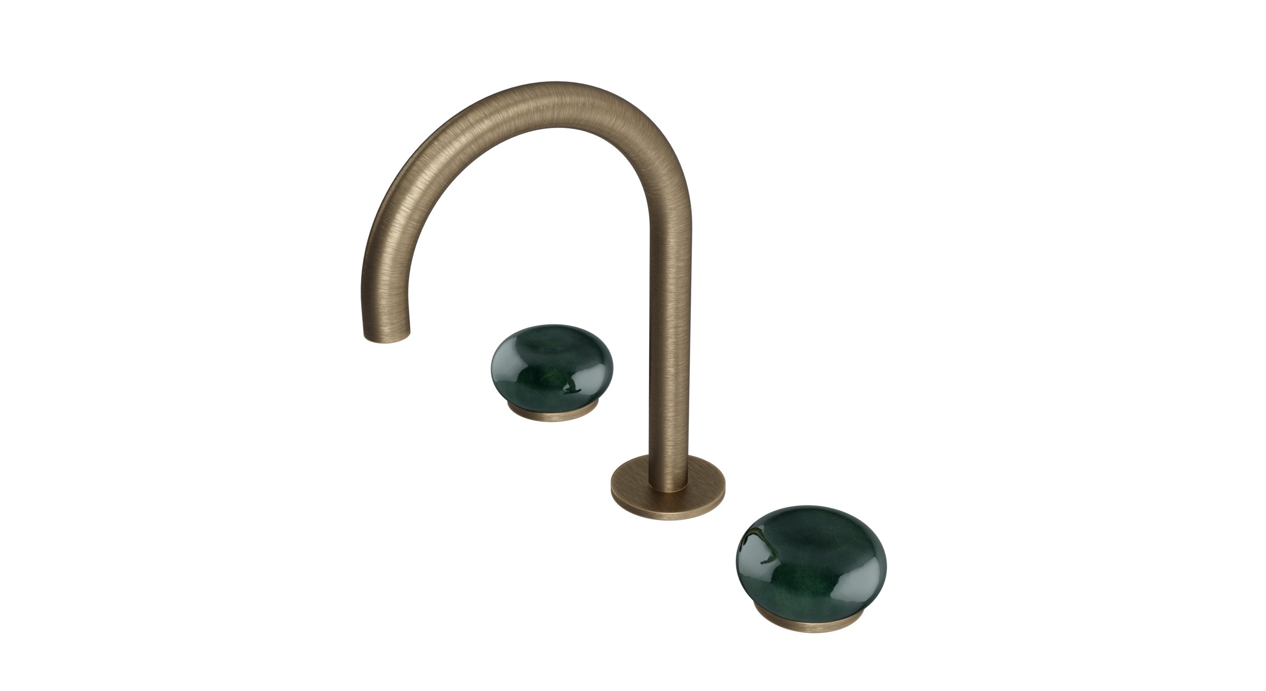 Foundry Two Handle Deck Mount Gooseneck Lavatory Faucet with Pebble Ceramic Knob Handles in Antique Brass