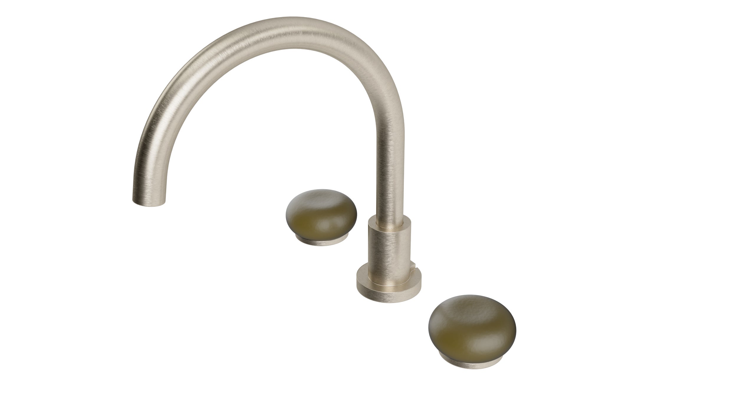Foundry Two Handle Deck Mount Gooseneck Bath Trim with Pebble Ceramic Knob Handles in Satin Nickel