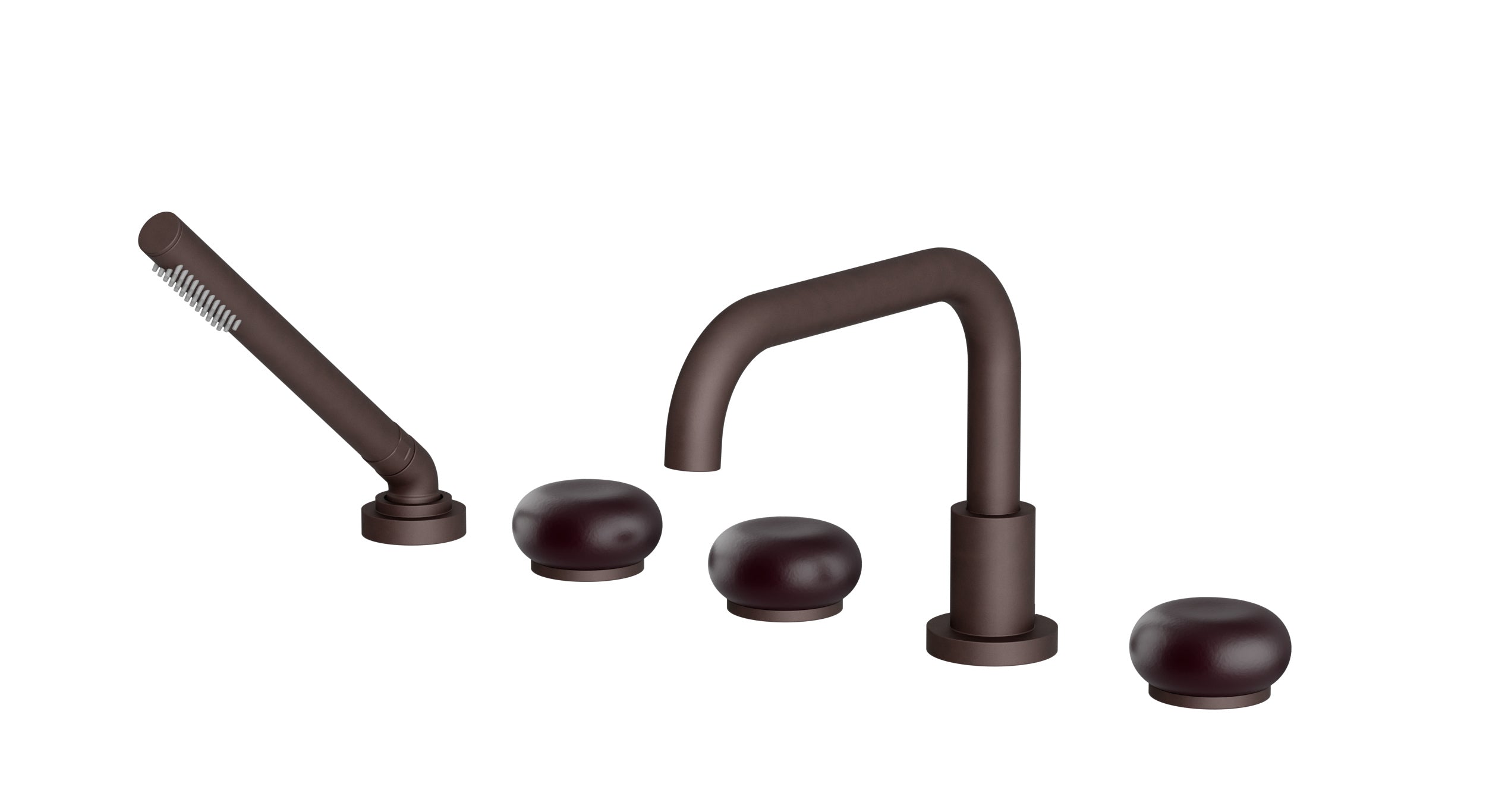 Foundry Three Handle Deck Mount Squaretop Bath Trim with Hand Shower and Pebble Ceramic Knob Handles in Architectural Copper