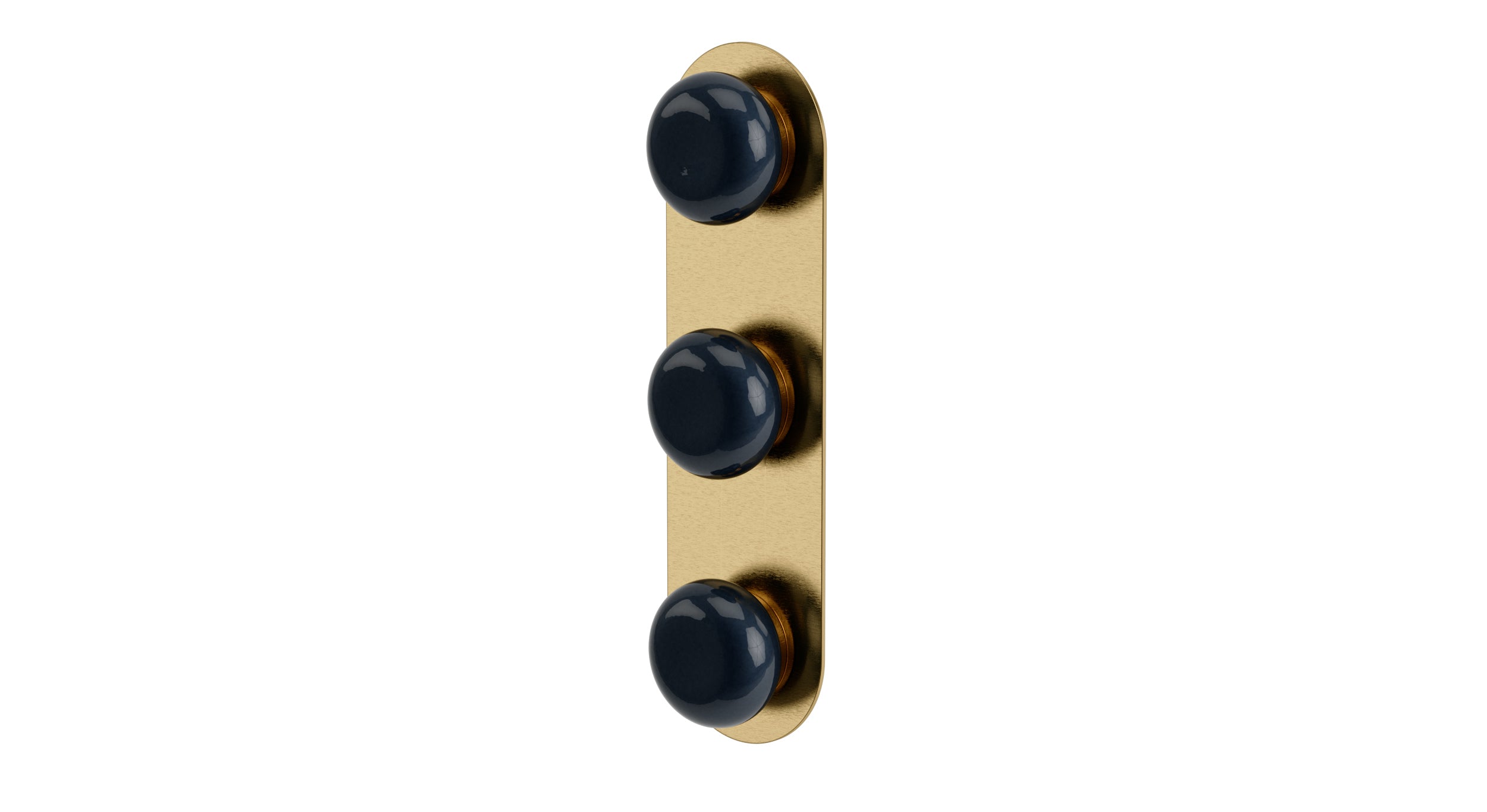 Foundry Three Handle Wall Mount Shower Trim with Pebble Ceramic Knob Handles in Satin Brass