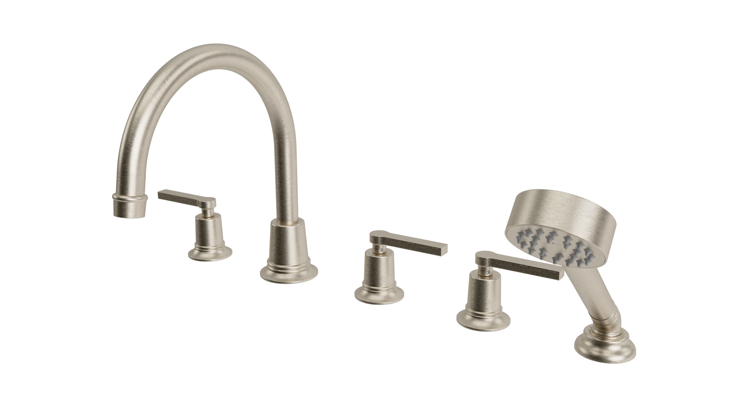 Emerson Three Handle Deck Mount Gooseneck Bath Trim with Hand Shower and Classic Lever Handles in Satin Nickel