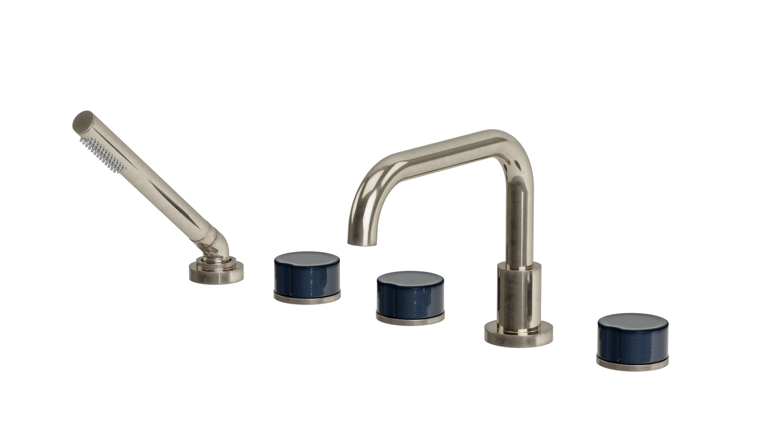 Foundry Three Handle Deck Mount Squaretop Bath Trim with Hand Shower and Groove Ceramic Knob Handles in French Nickel