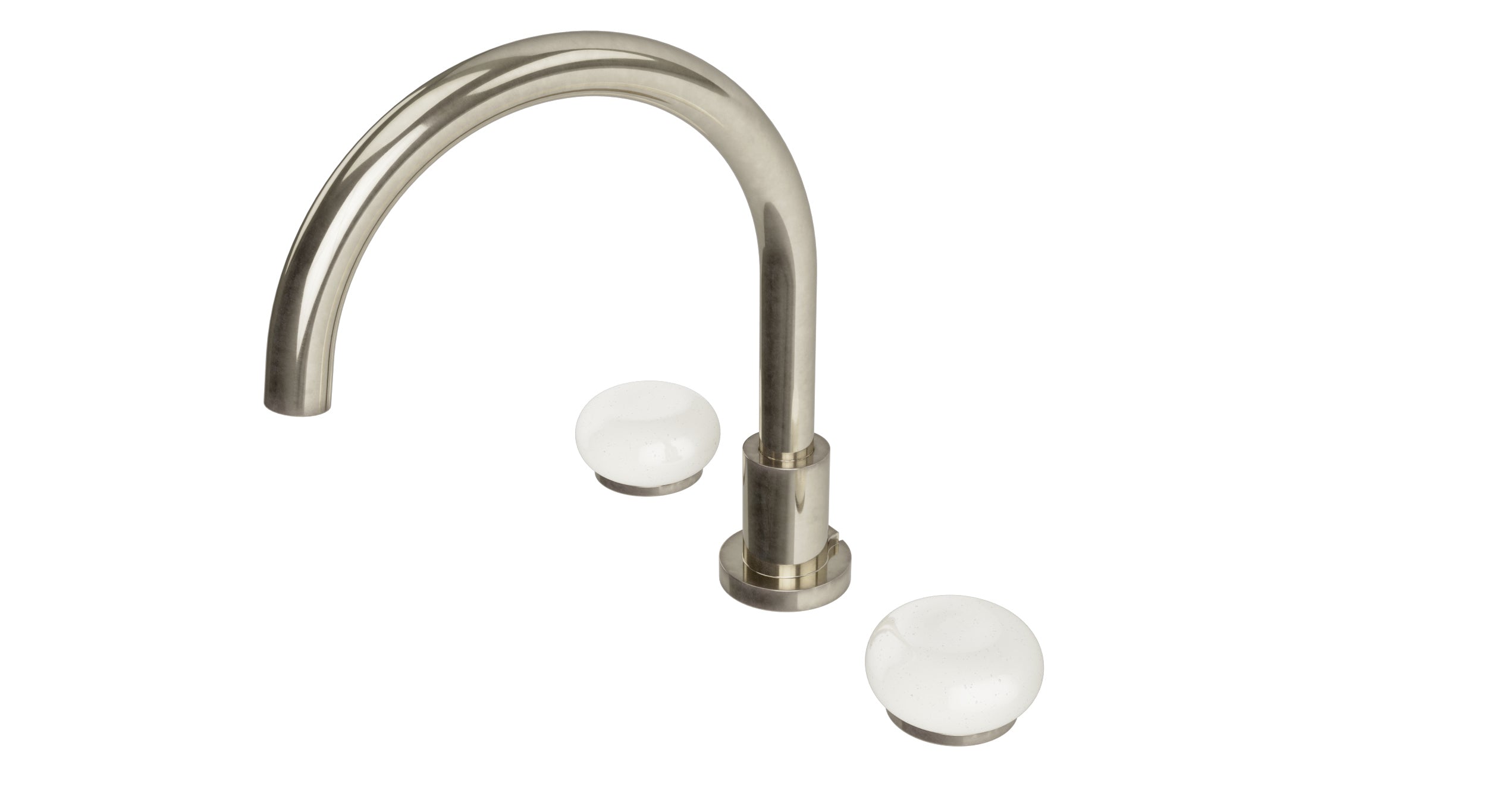 Foundry Two Handle Deck Mount Gooseneck Bath Trim with Pebble Ceramic Knob Handles in French Nickel
