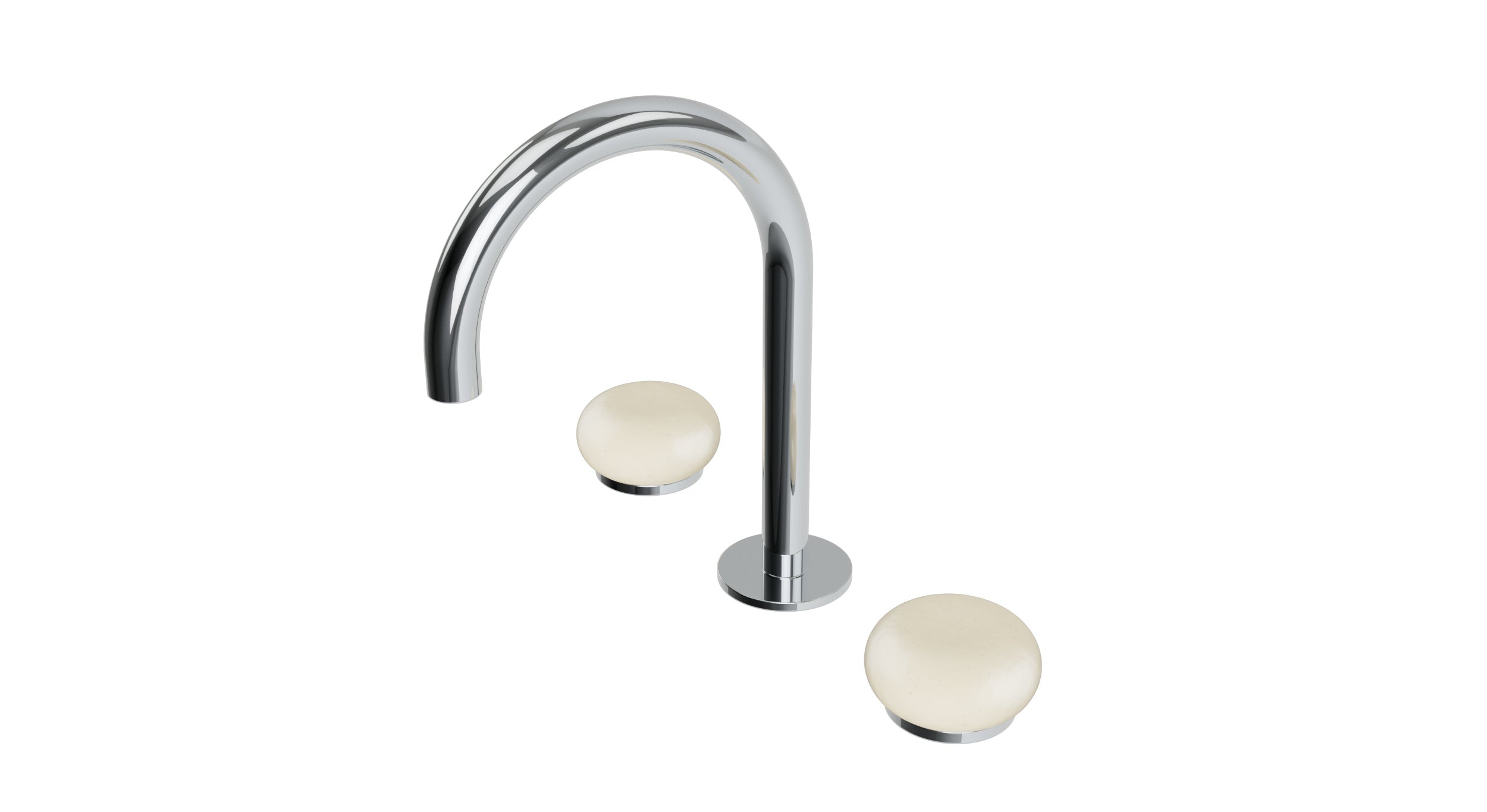 Foundry Two Handle Deck Mount Gooseneck Lavatory Faucet with Pebble Ceramic Knob Handles in Polished Chrome