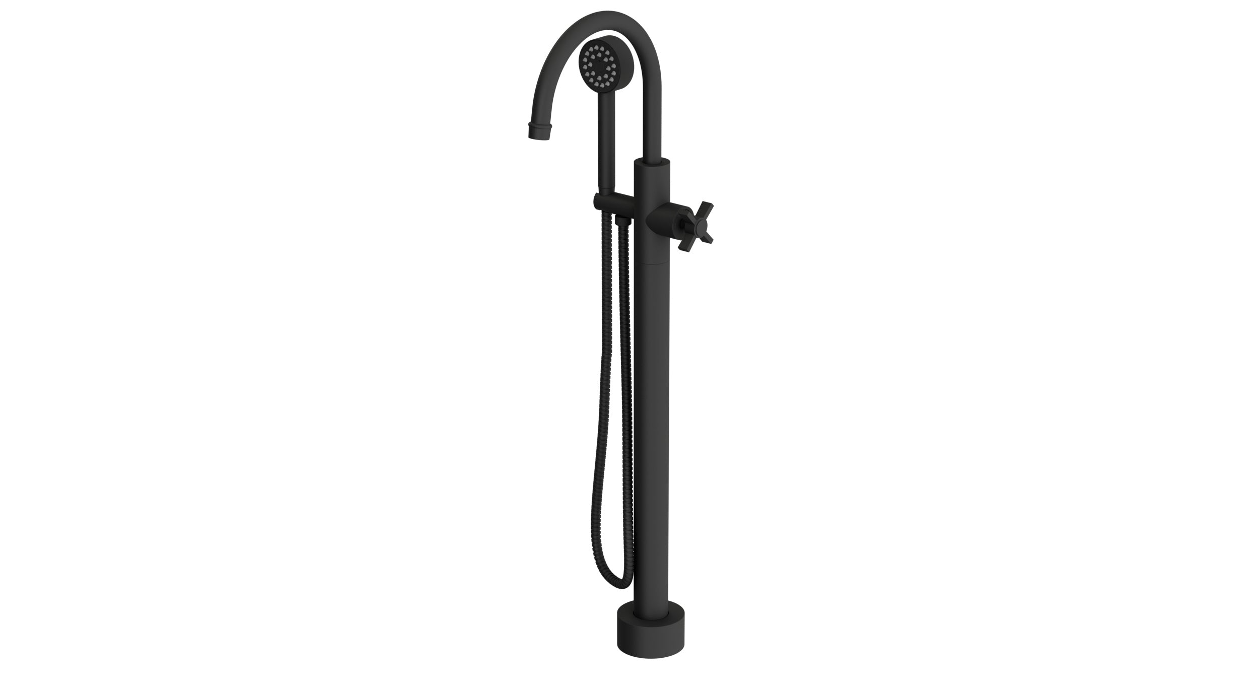 Emerson One Handle Floor Mount Gooseneck Bath Trim with Hand Shower and Defined Cross Handle in Matte Black