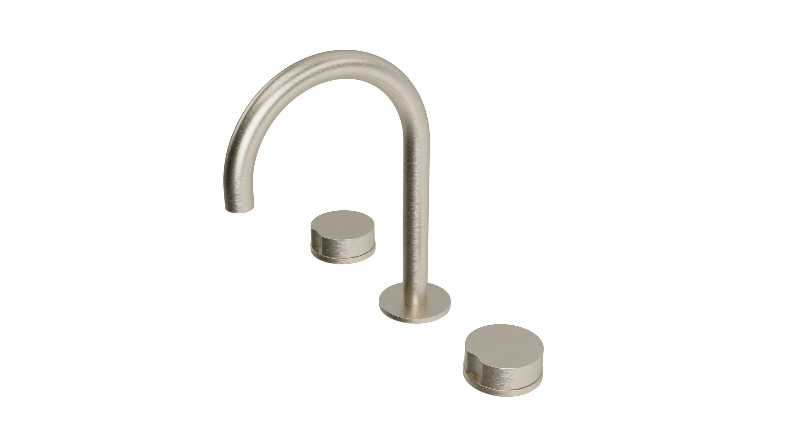 Foundry Two Handle Deck Mount Gooseneck Lavatory Faucet with Barrel Knob Handles