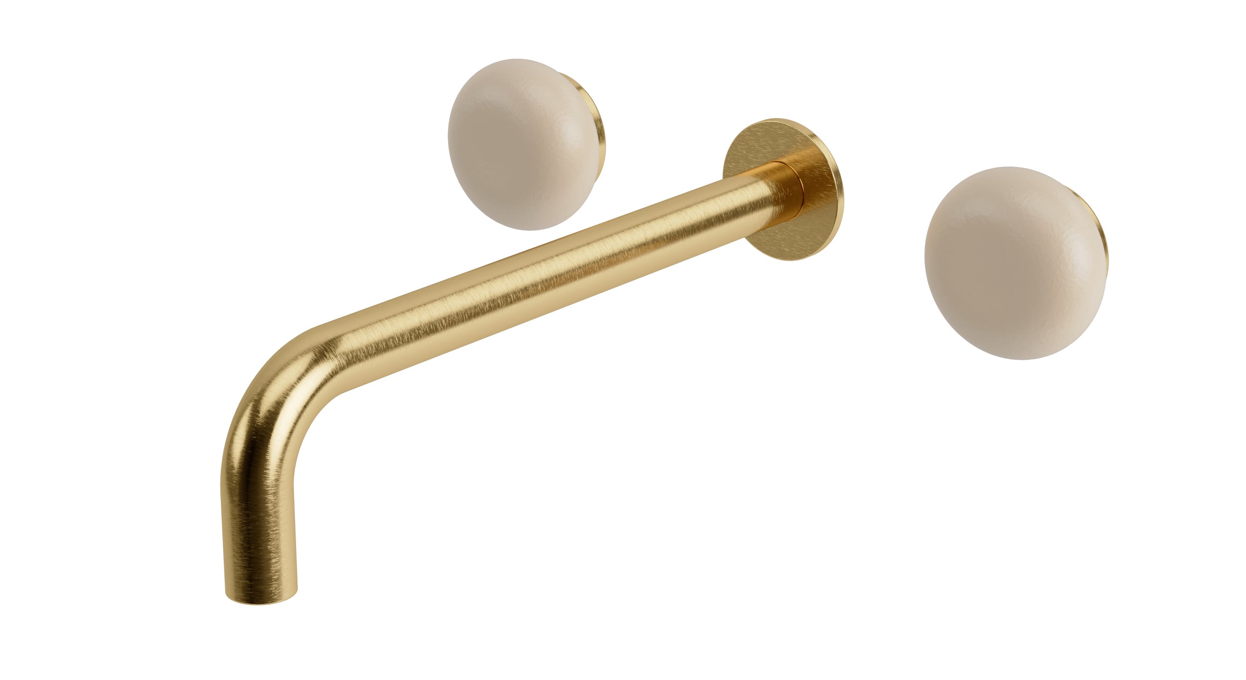 Foundry Two Handle Wall Mount 10" Lavatory Faucet with Pebble Ceramic Knob Handles in Satin Brass