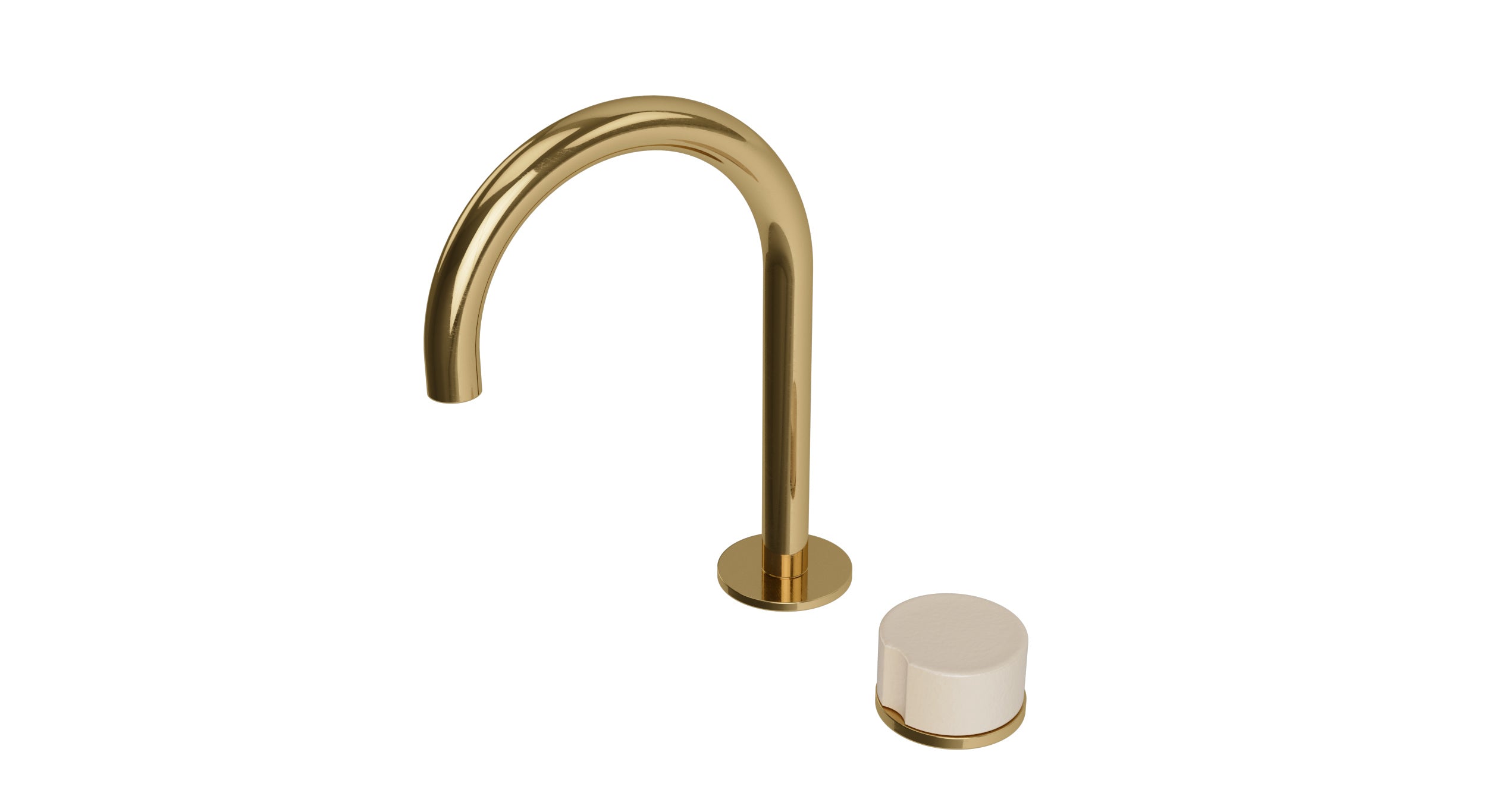Foundry One Handle Deck Mount Gooseneck Lavatory Faucet with Groove Ceramic Knob Handle in Uncoated Polished Brass