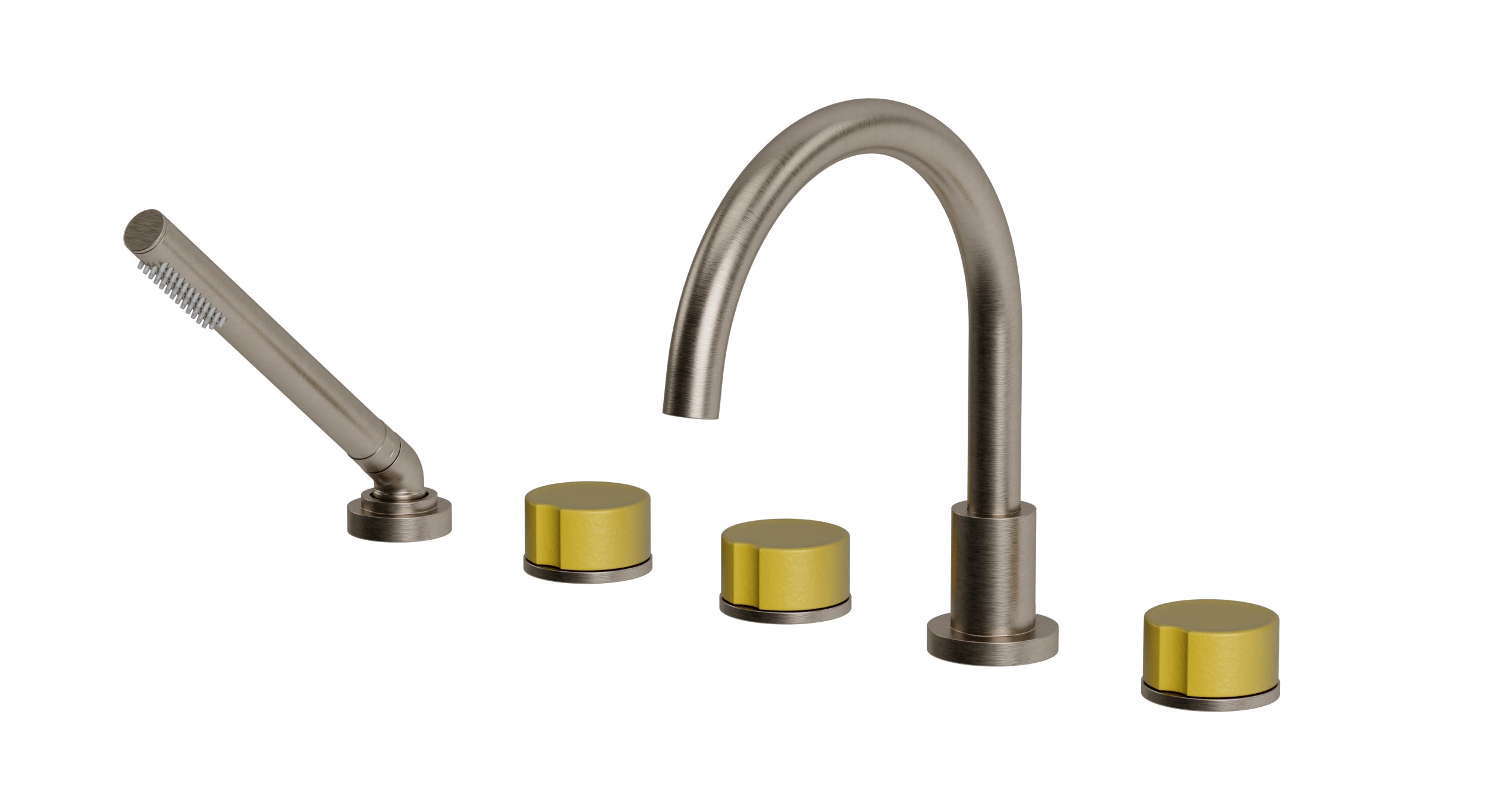 Foundry Three Handle Deck Mount Gooseneck Bath Trim with Hand Shower and Groove Ceramic Knob Handles in Antique Nickel