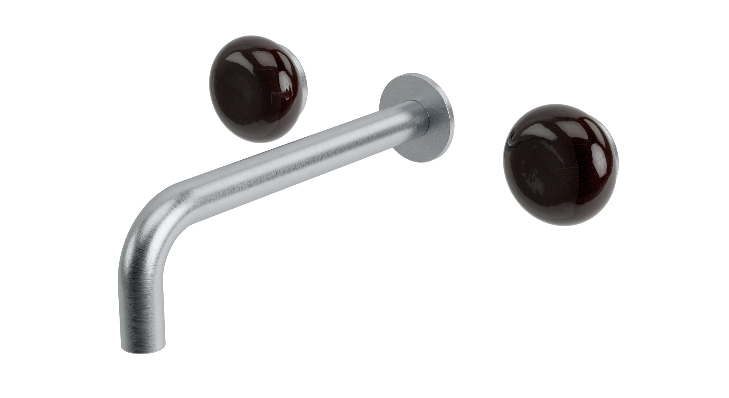 Foundry Two Handle Wall Mount 7.5" Lavatory Faucet with Pebble Ceramic Knob Handles in Satin Chrome