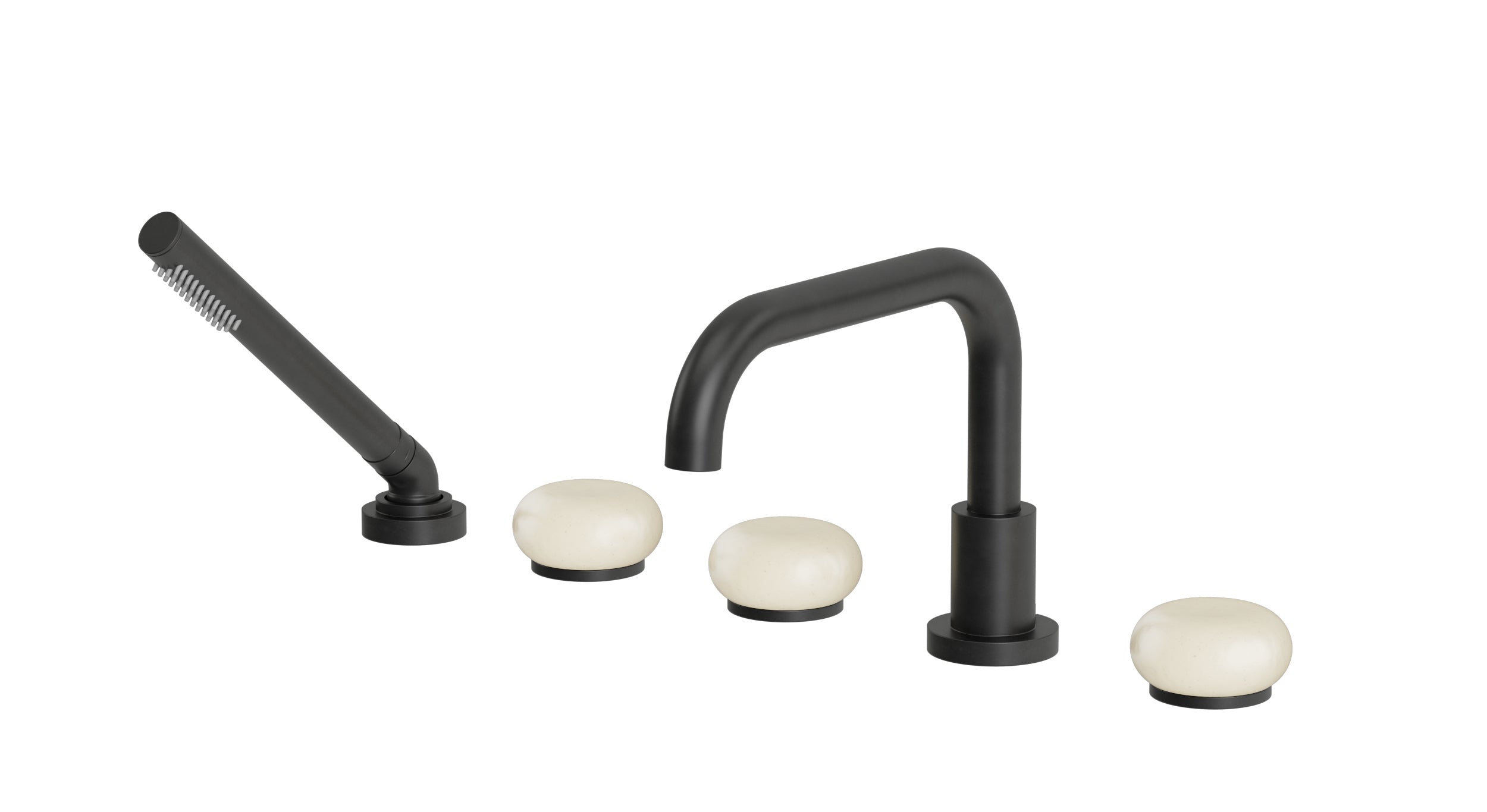 Foundry Three Handle Deck Mount Squaretop Bath Trim with Hand Shower and Pebble Ceramic Knob Handles in Oil Rubbed Bronze