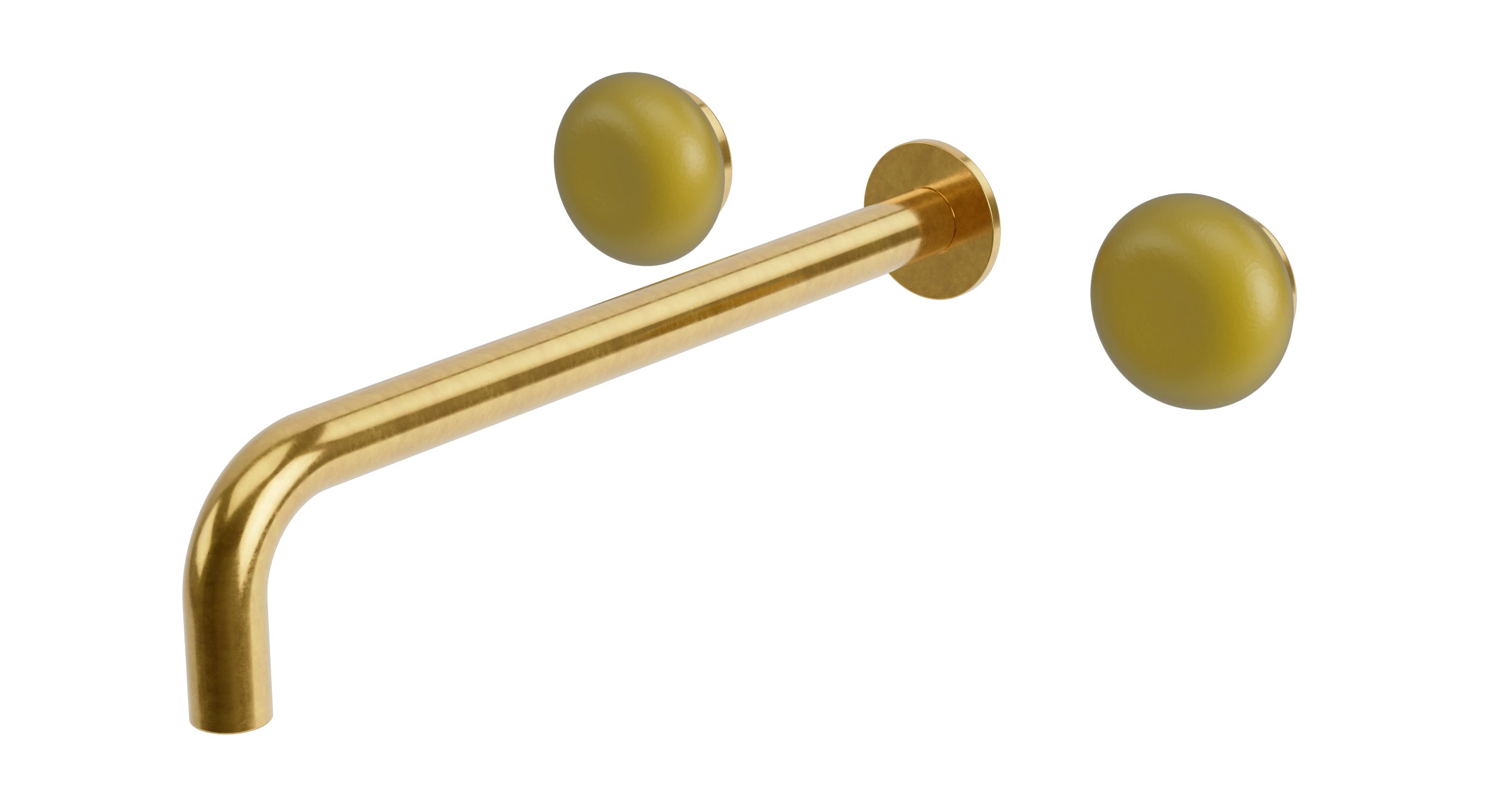 Foundry Two Handle Wall Mount 12" Lavatory Faucet with Pebble Ceramic Knob Handles in French Brass
