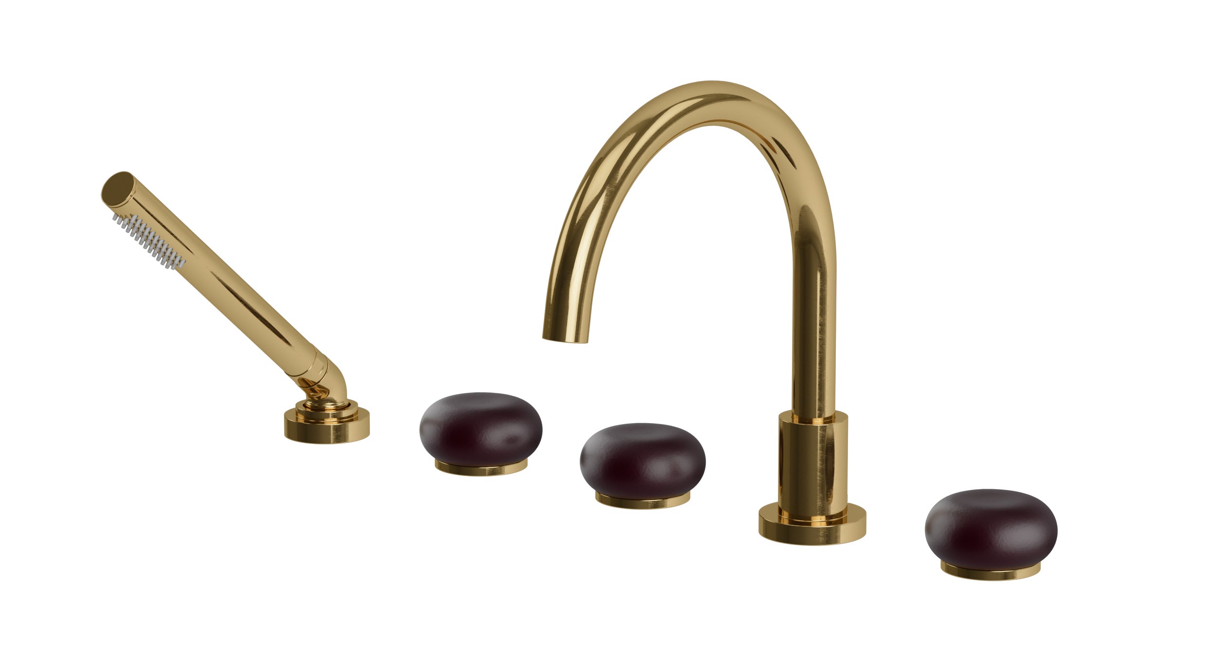 Foundry Three Handle Deck Mount Gooseneck Bath Trim with Hand Shower and Pebble Ceramic Knob Handles in Uncoated Polished Brass