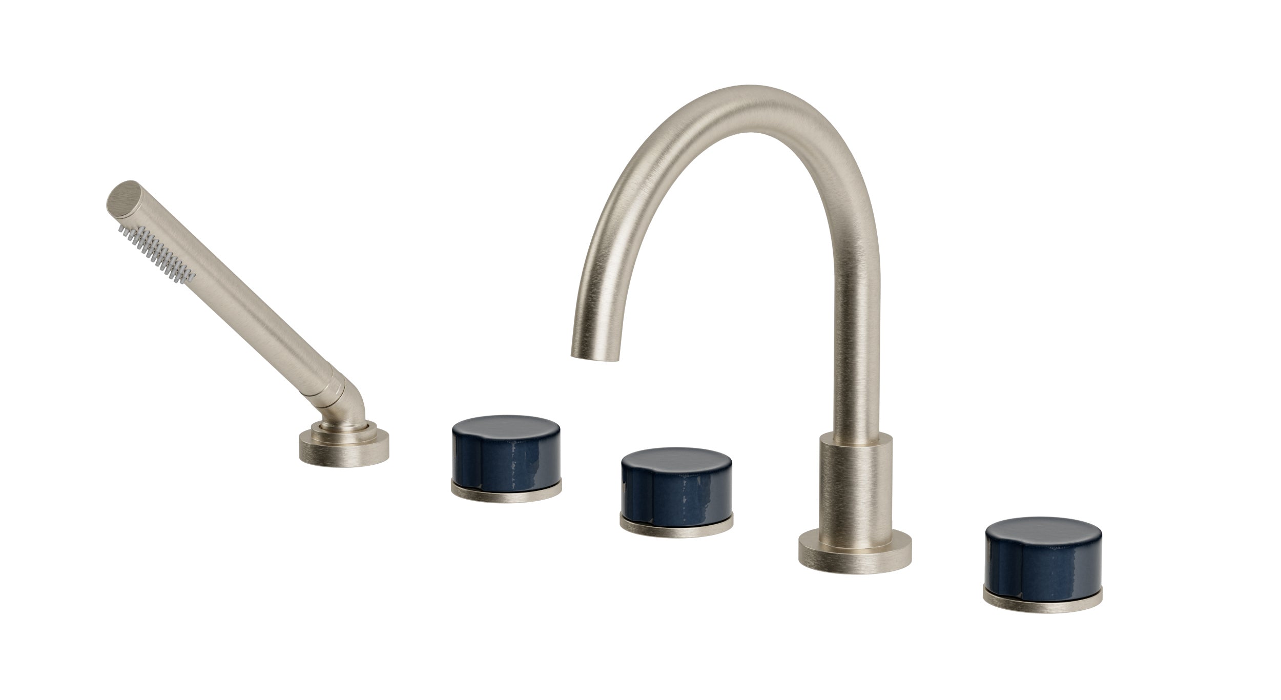 Foundry Three Handle Deck Mount Gooseneck Bath Trim with Hand Shower and Groove Ceramic Knob Handles in Satin Nickel