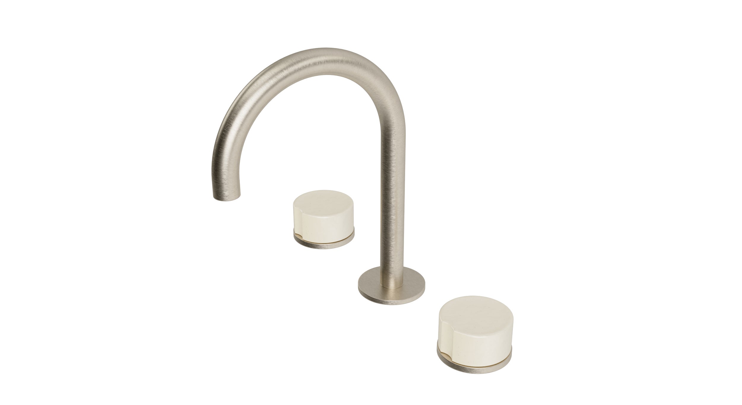 Foundry Two Handle Deck Mount Gooseneck Lavatory Faucet with Groove Ceramic Knob Handles in Satin Nickel