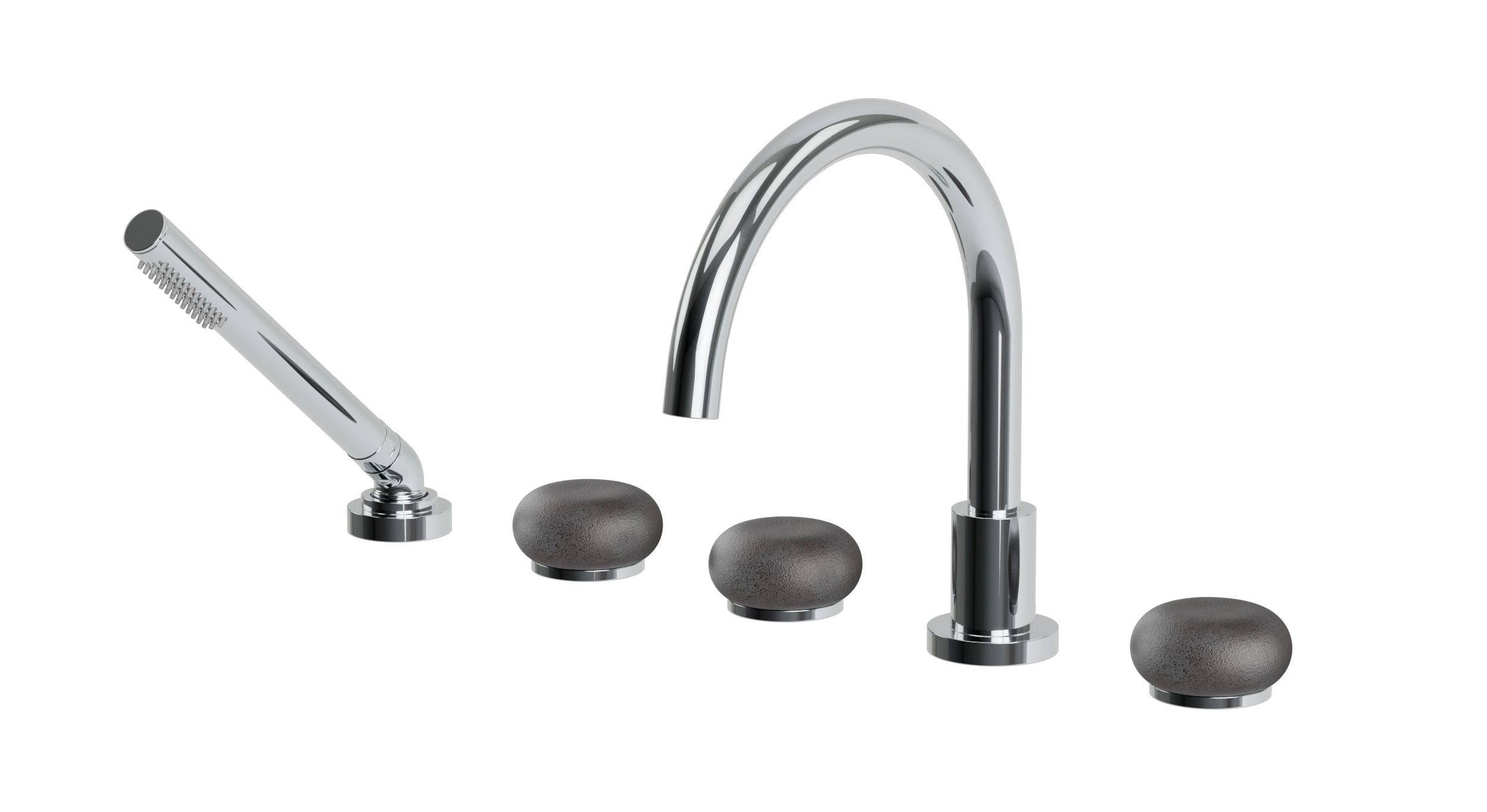 Foundry Three Handle Deck Mount Gooseneck Bath Trim with Hand Shower and Pebble Ceramic Knob Handles in Polished Chrome