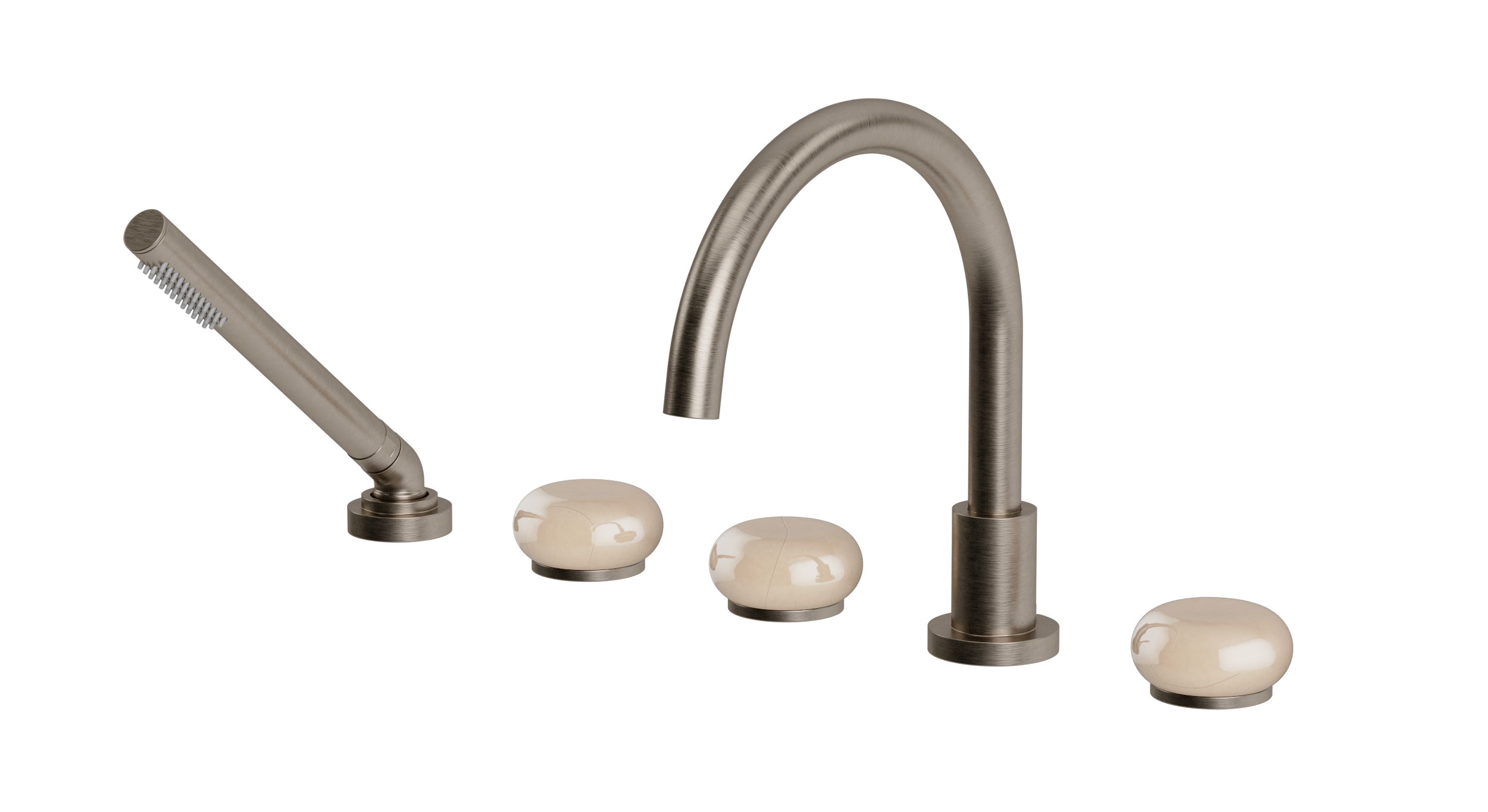 Foundry Three Handle Deck Mount Gooseneck Bath Trim with Hand Shower and Pebble Ceramic Knob Handles in Antique Nickel