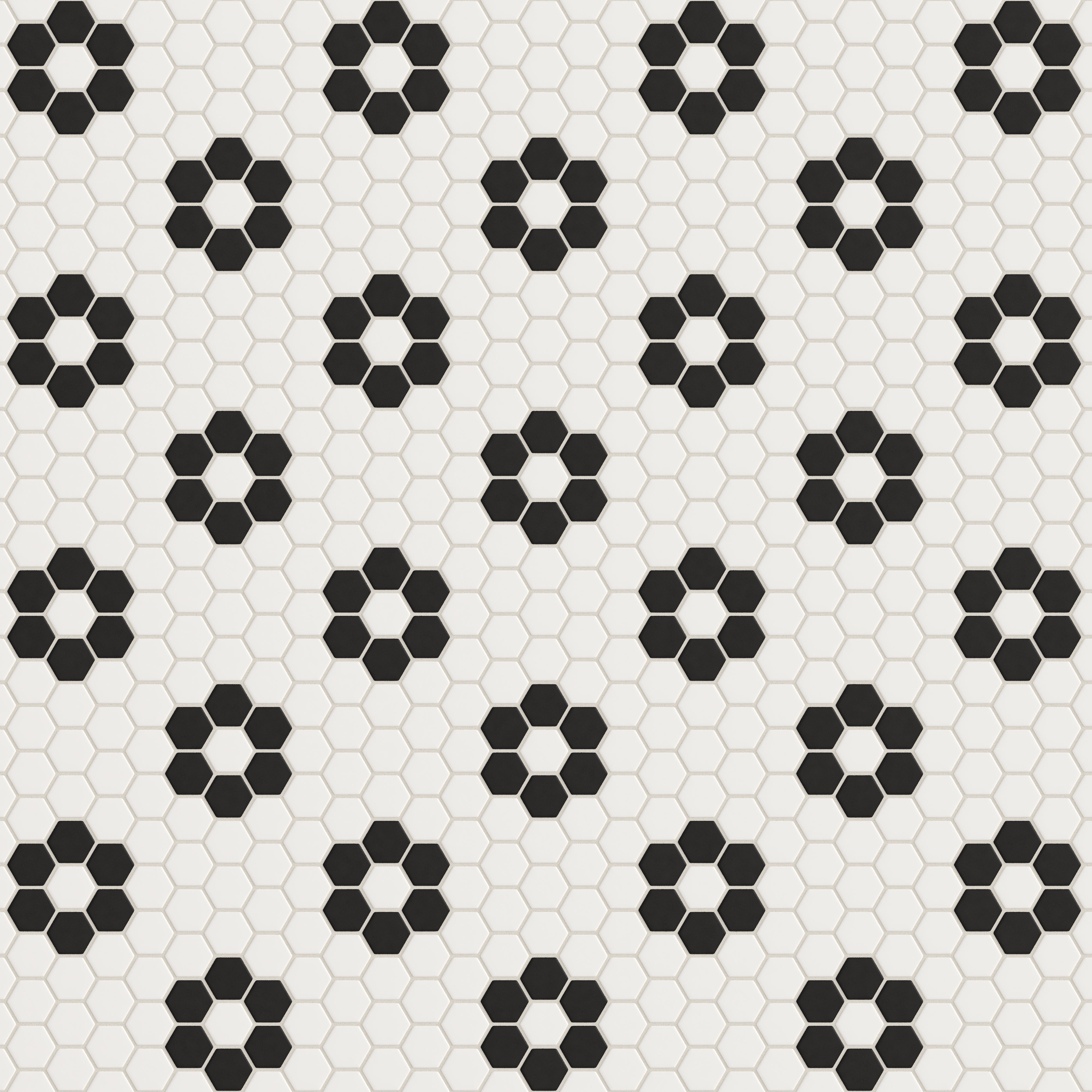 2" Hexagon Double Daisy Sheeted Original Ceramic Tile in Calcite Matte & Raven Matte