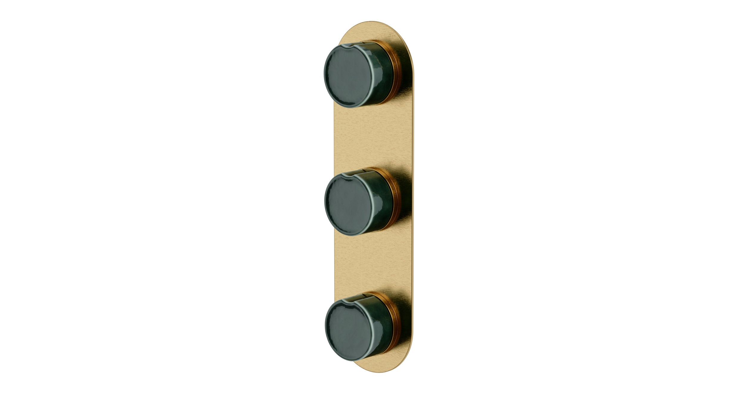 Foundry Three Handle Wall Mount Shower Trim with Groove Ceramic Knob Handles in Satin Brass