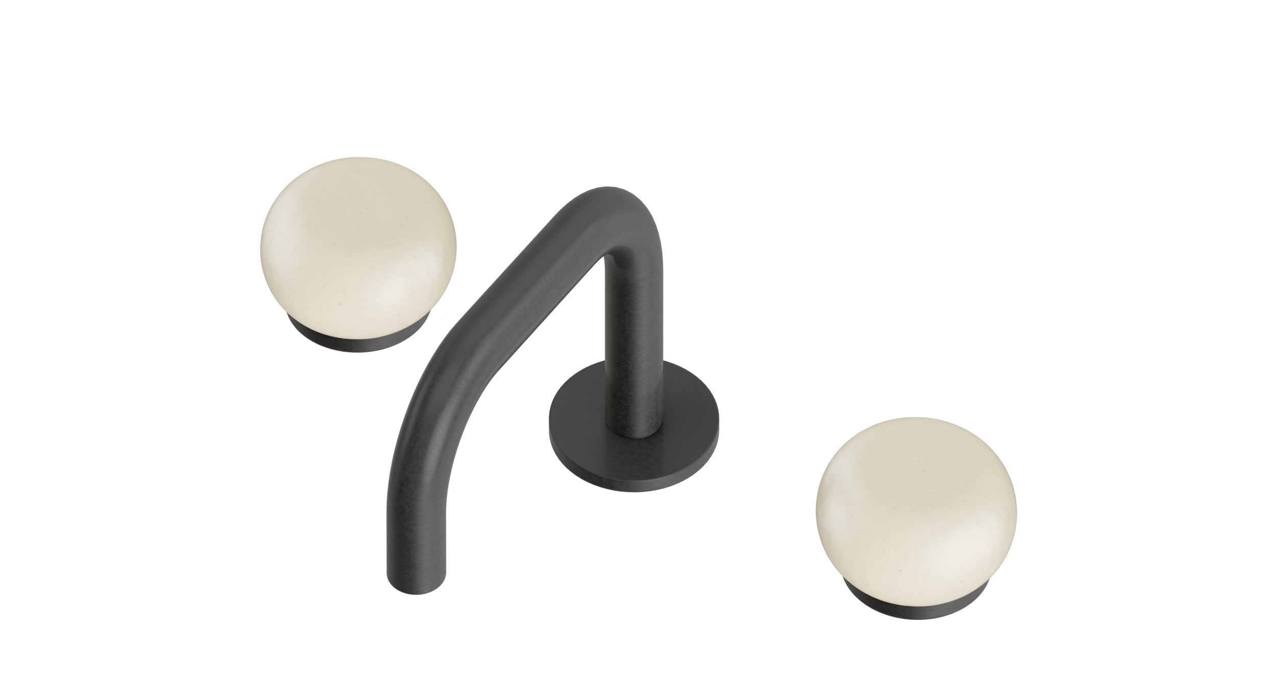 Foundry Two Handle Deck Mount Squaretop Lavatory Faucet with Pebble Ceramic Knob Handles in Blackened Nickel