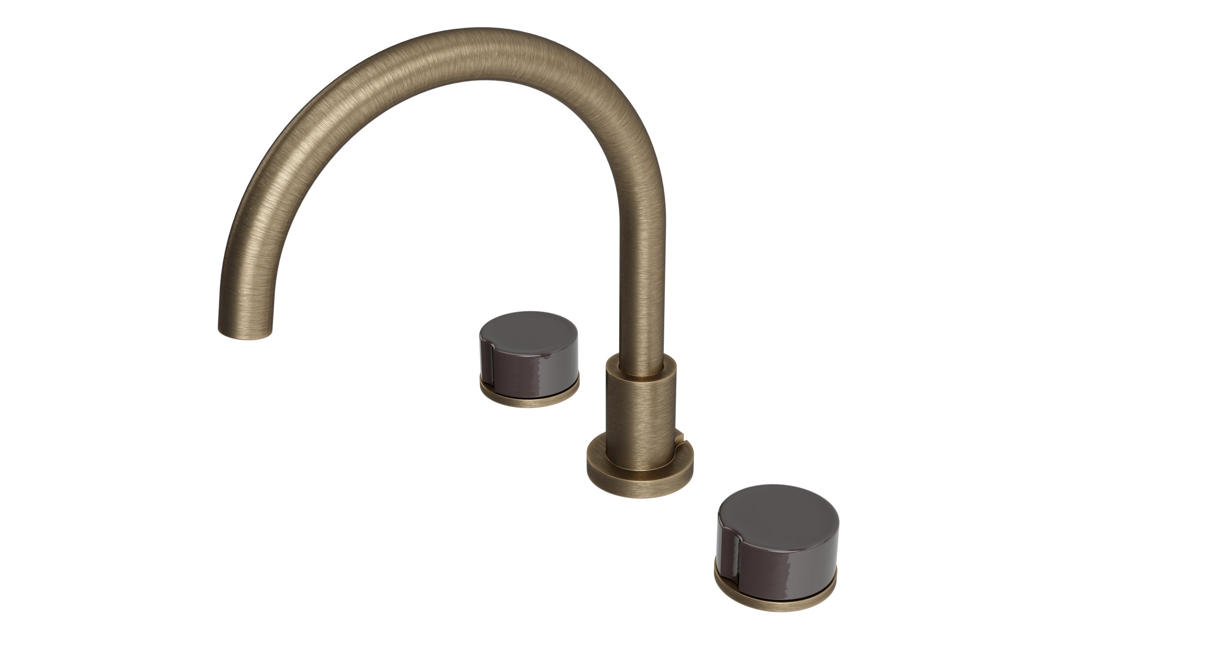 Foundry Two Handle Deck Mount Gooseneck Bath Trim with Groove Ceramic Knob Handles in Antique Brass