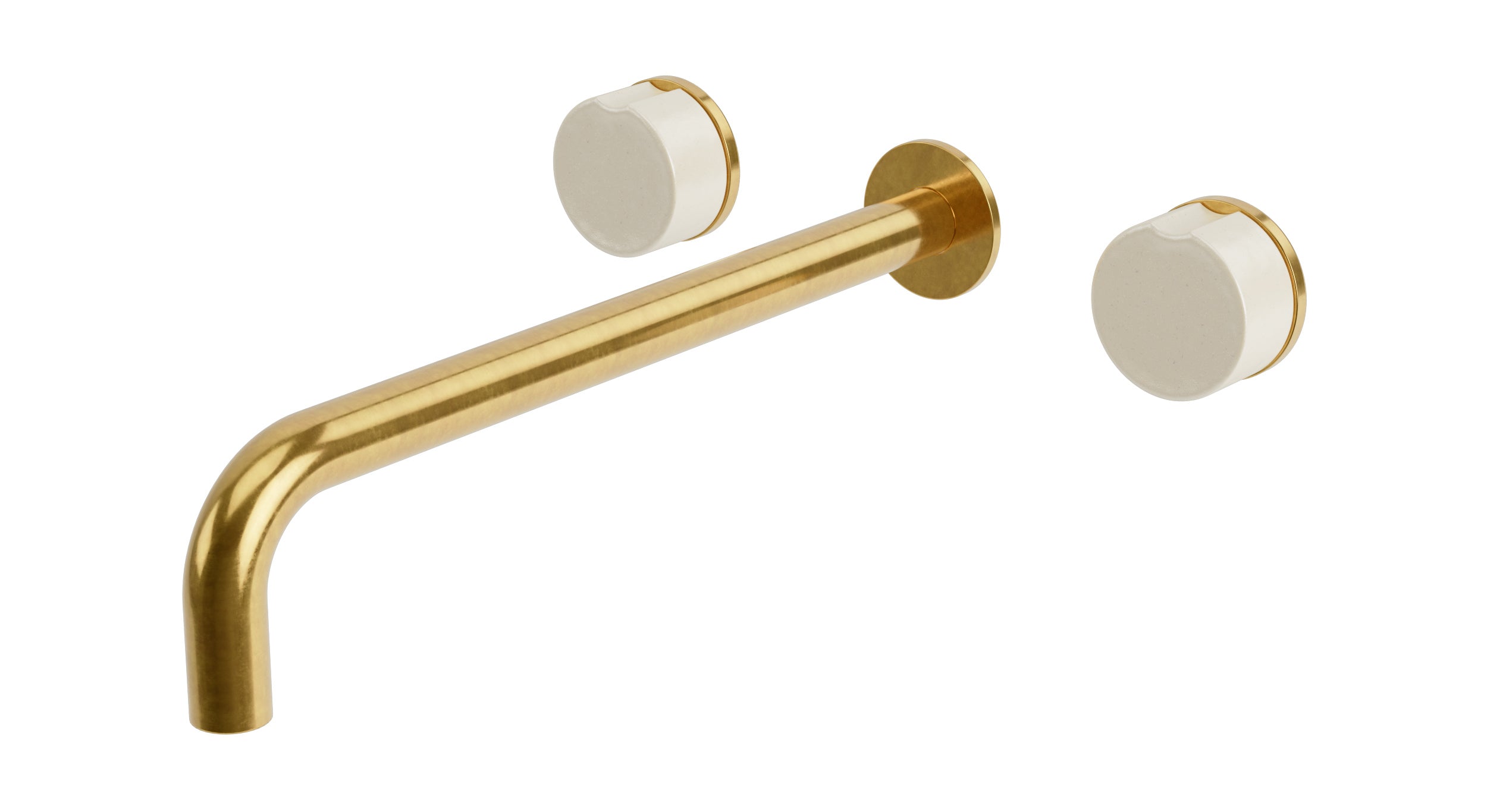 Foundry Two Handle Wall Mount 12" Lavatory Faucet with Groove Ceramic Knob Handles in French Brass