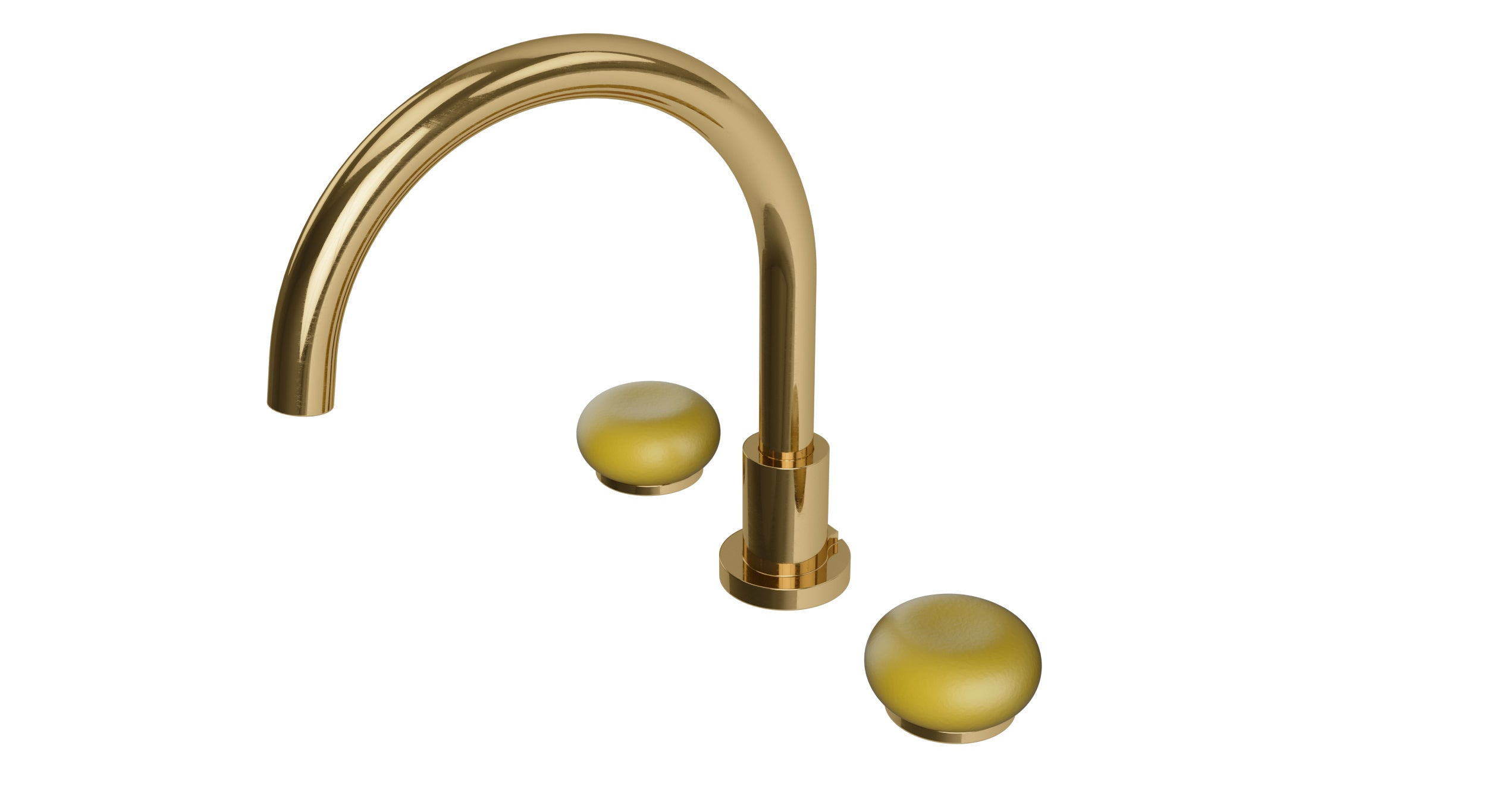 Foundry Two Handle Deck Mount Gooseneck Bath Trim with Pebble Ceramic Knob Handles in Uncoated Polished Brass