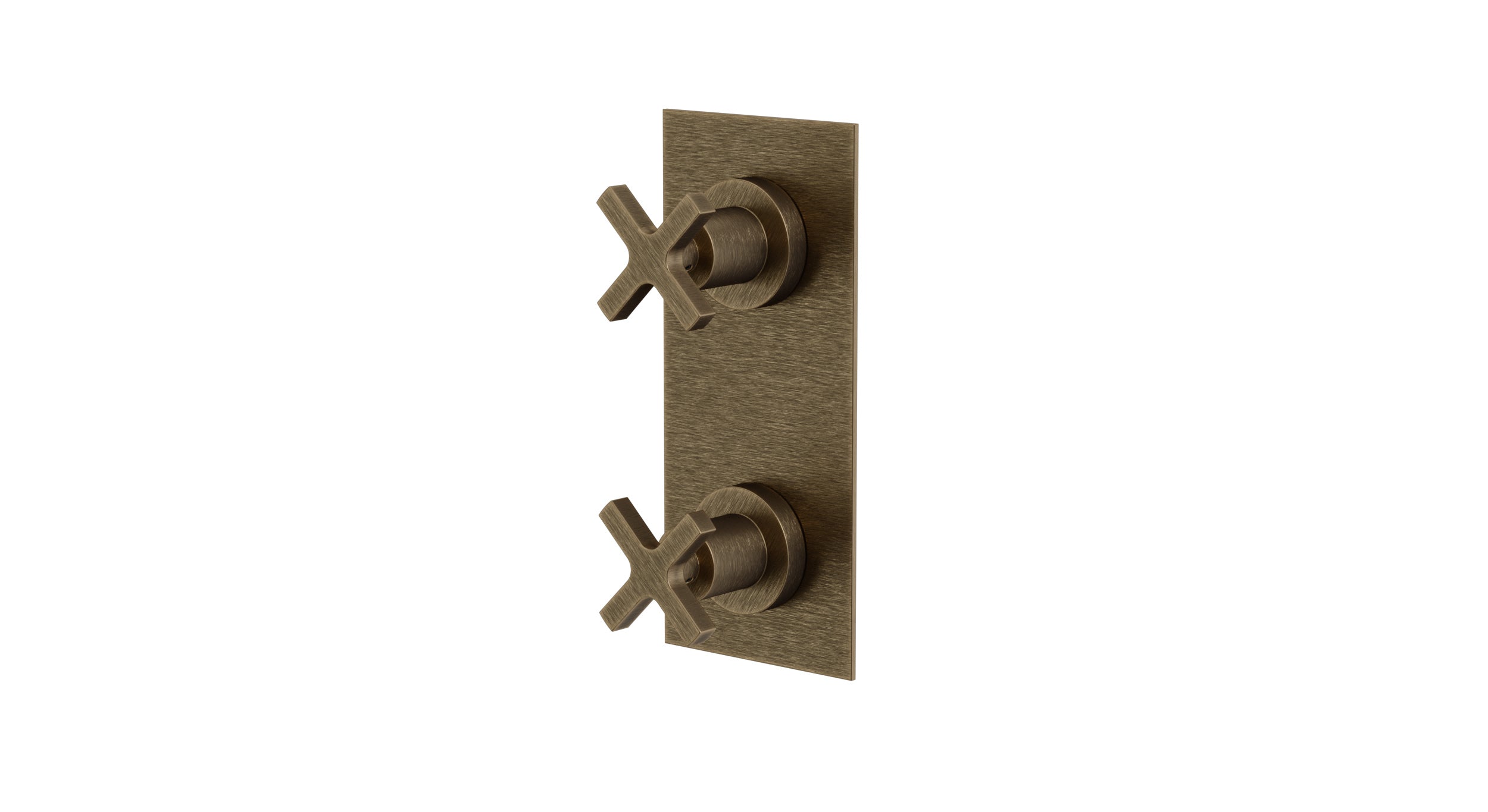 Flatiron Two Handle Wall Mount Shower Trim with Linear Cross Handles in Antique Brass