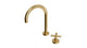 Contour One Handle Deck Mount Gooseneck Lavatory Faucet with Soft Cross Handle in Satin Brass
