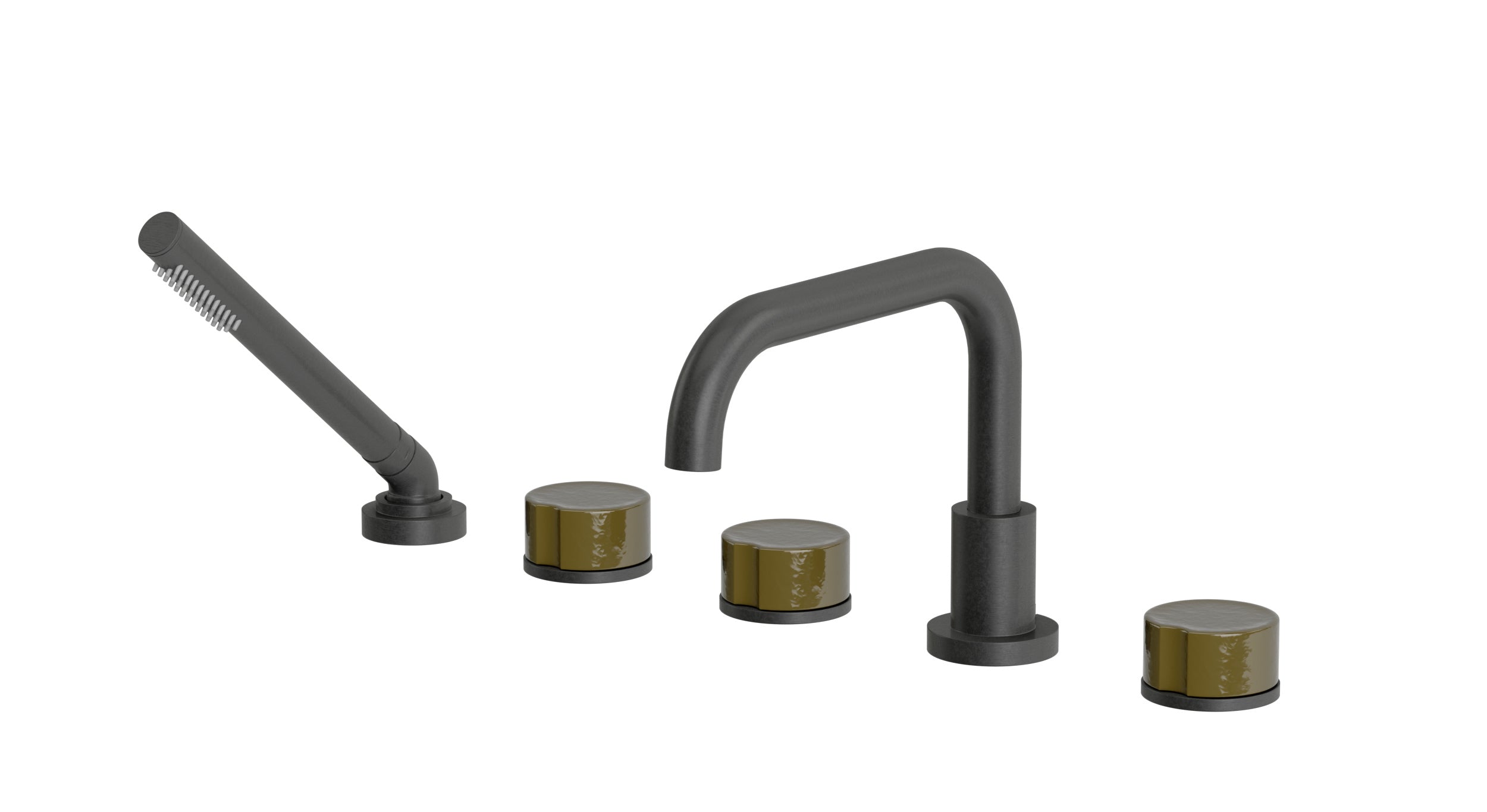 Foundry Three Handle Deck Mount Squaretop Bath Trim with Hand Shower and Groove Ceramic Knob Handles in Blackened Nickel
