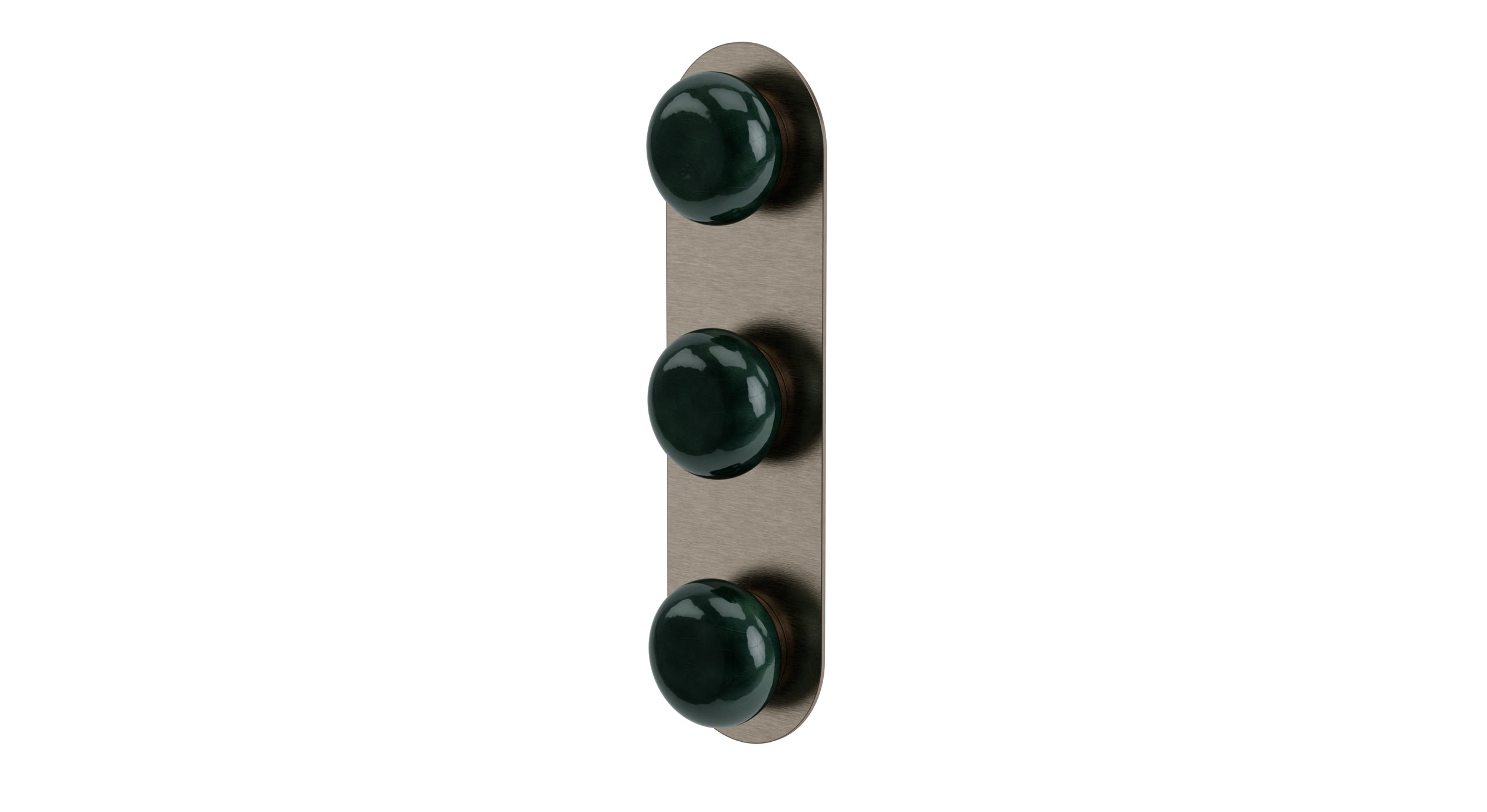 Foundry Three Handle Wall Mount Shower Trim with Pebble Ceramic Knob Handles in Antique Nickel