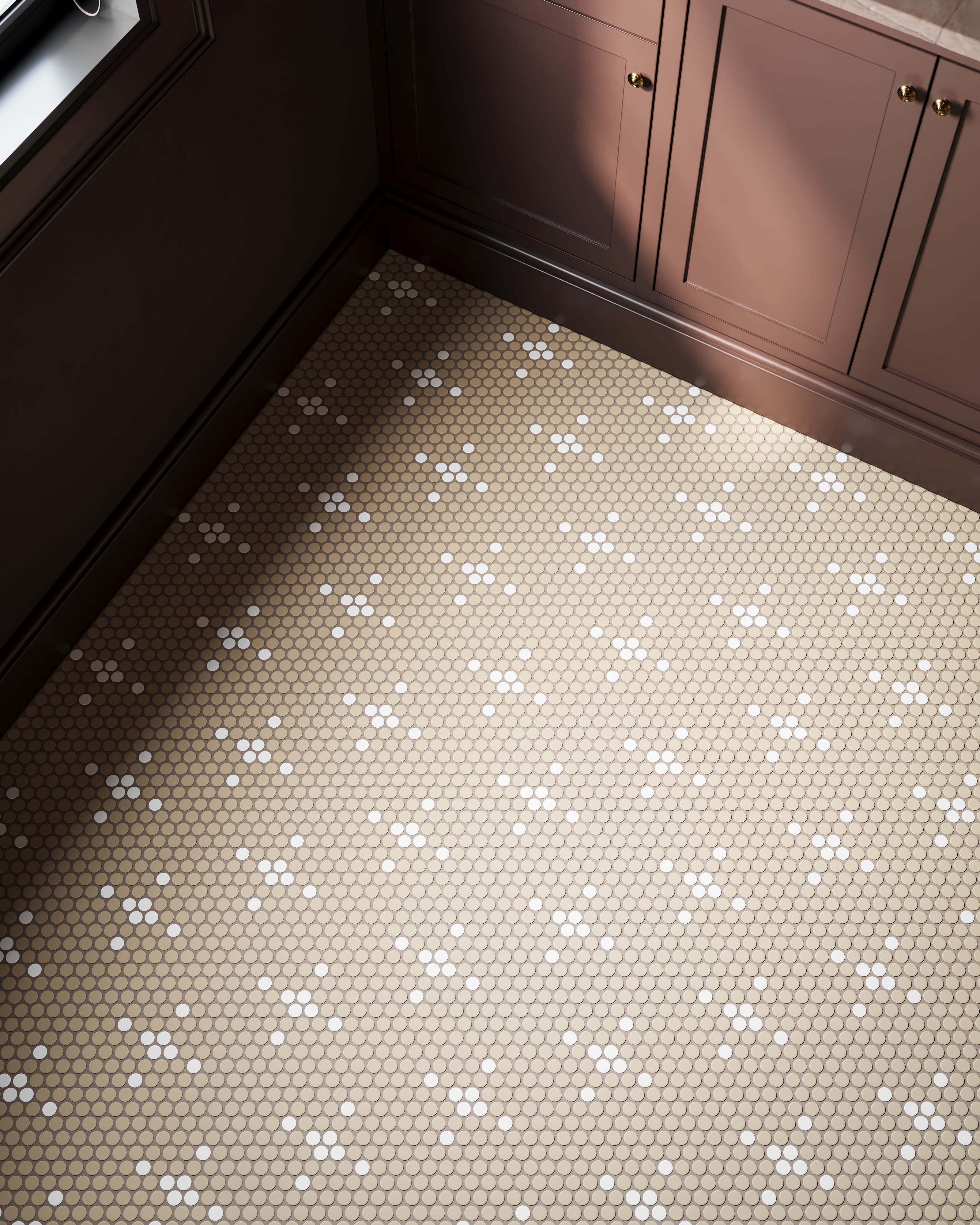 1" Penny Round Sparkle Sheeted Original Ceramic Tile in Sweet Pea Matte & Feldspar Matte