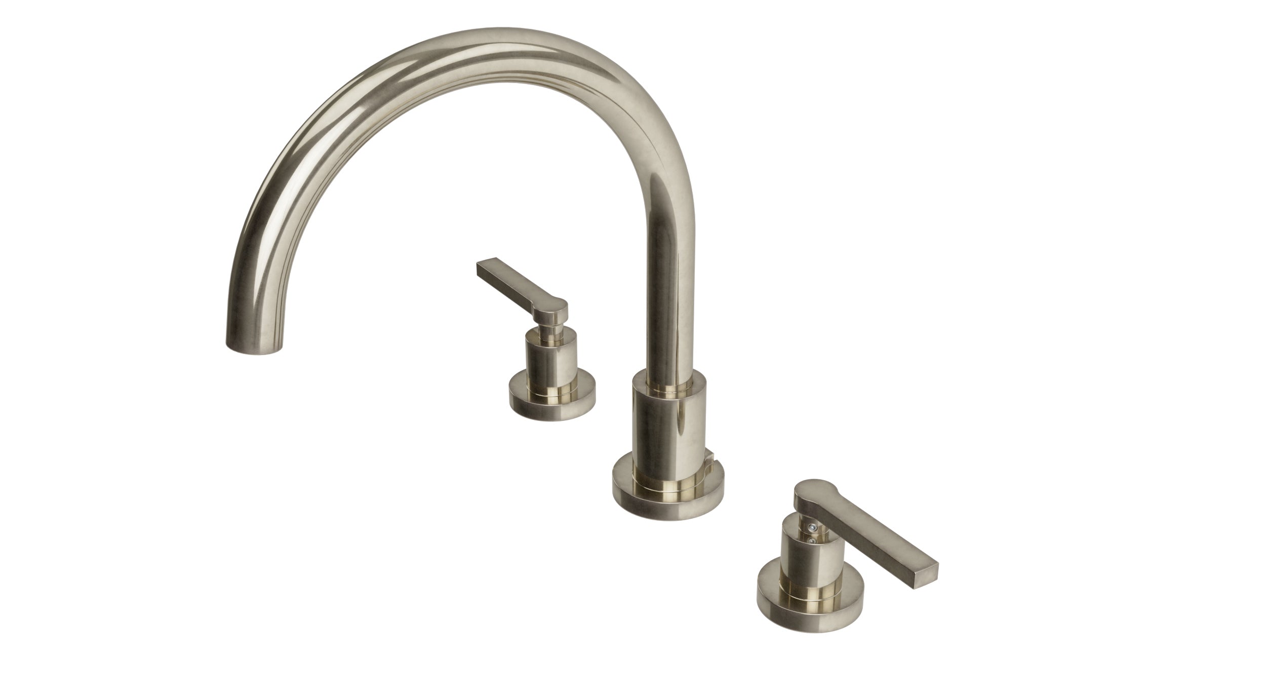 Flatiron Two Handle Deck Mount Gooseneck Bath Trim with Linear Lever Handles in French Nickel