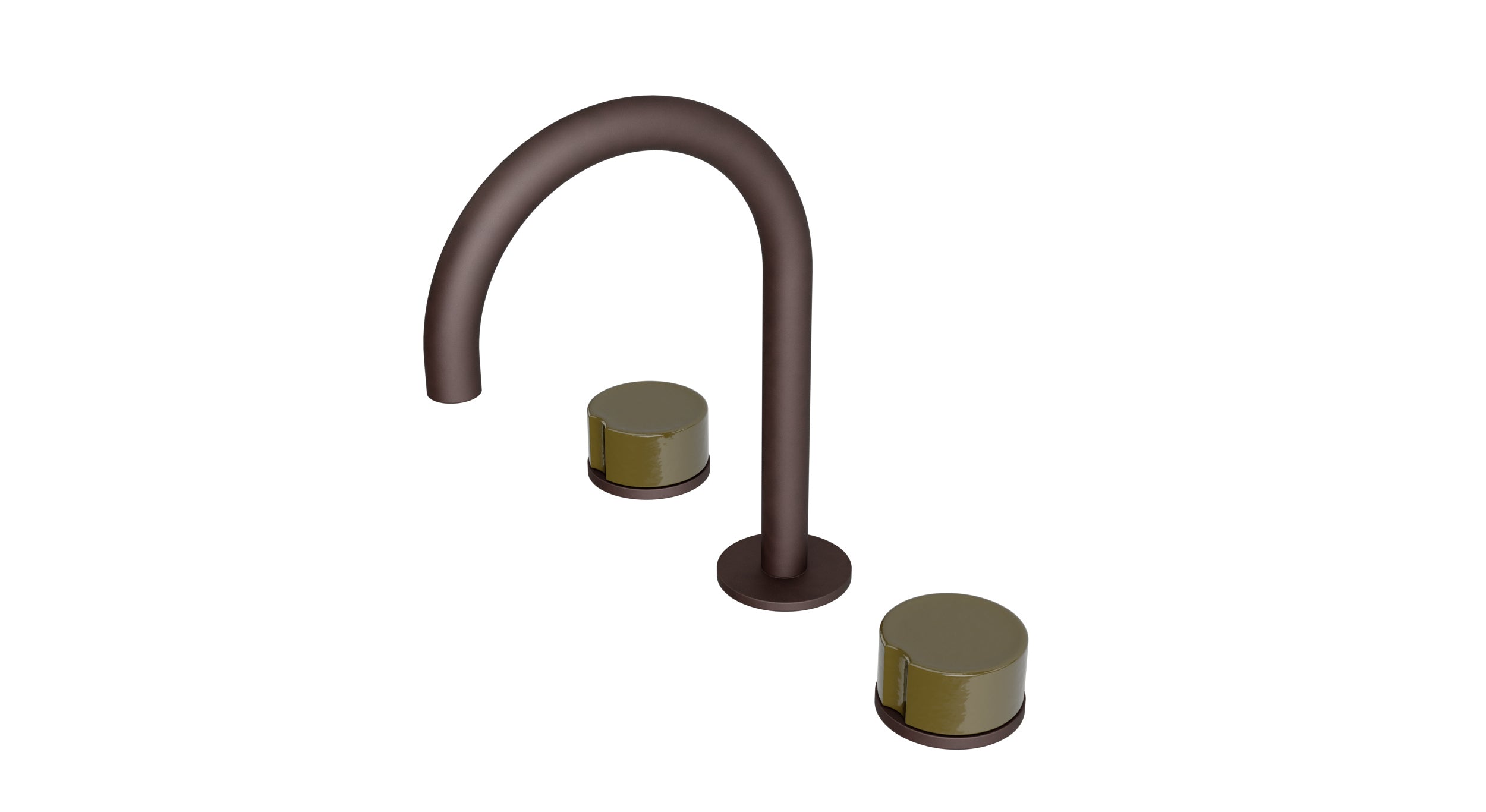 Foundry Two Handle Deck Mount Gooseneck Lavatory Faucet with Groove Ceramic Knob Handles in Architectural Copper